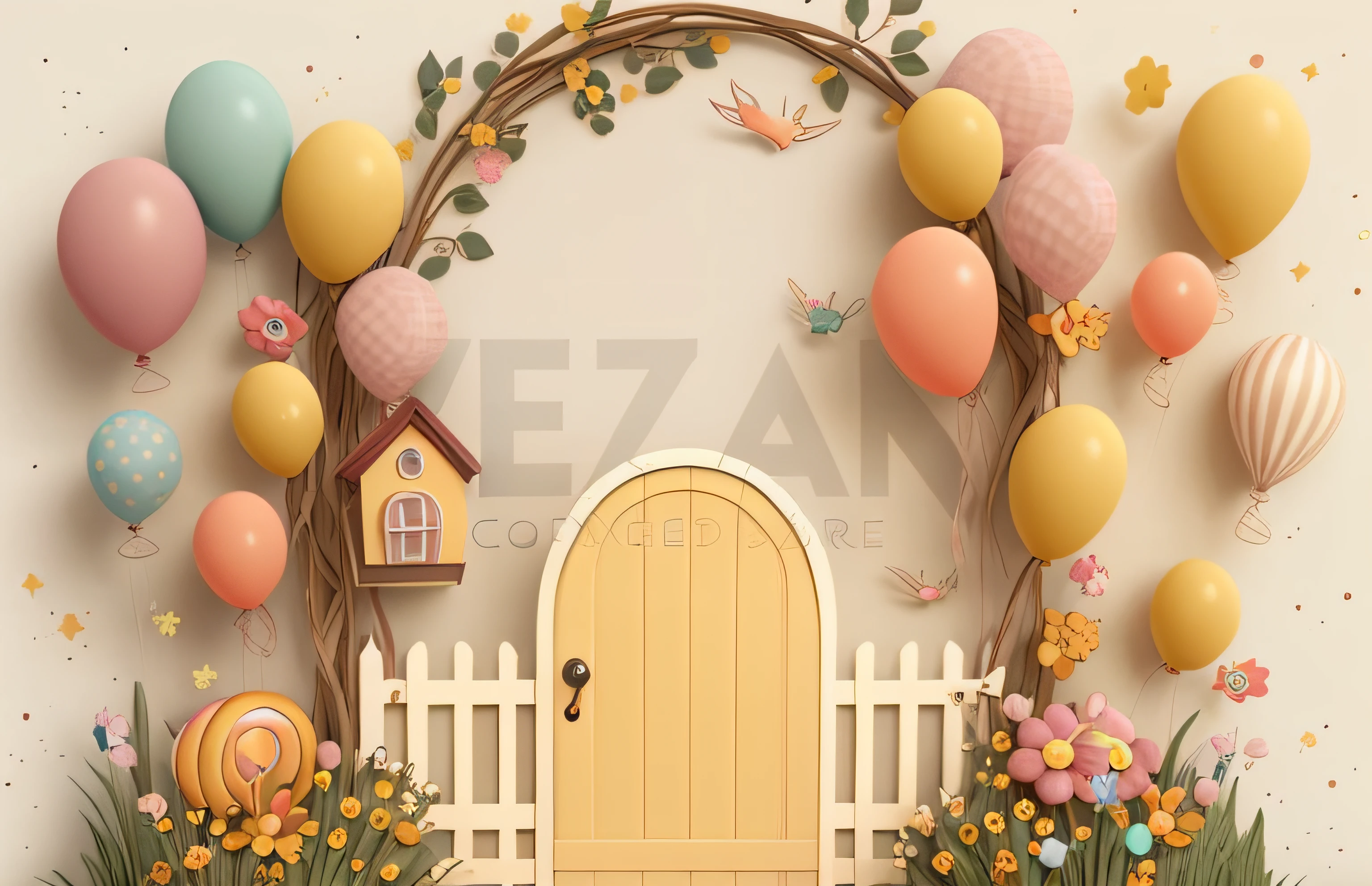 a close up of a house with balloons and a gate, 3d magical details, hand painted cartoon art style, cottagecore!!, cute detailed digital art, cottagecore, cute digital art, whimsical and cute, cute style garden, adorable and whimsical, magical fairy background, fairy tale style background, pastel colourful 3 d, 3 d stylize scene