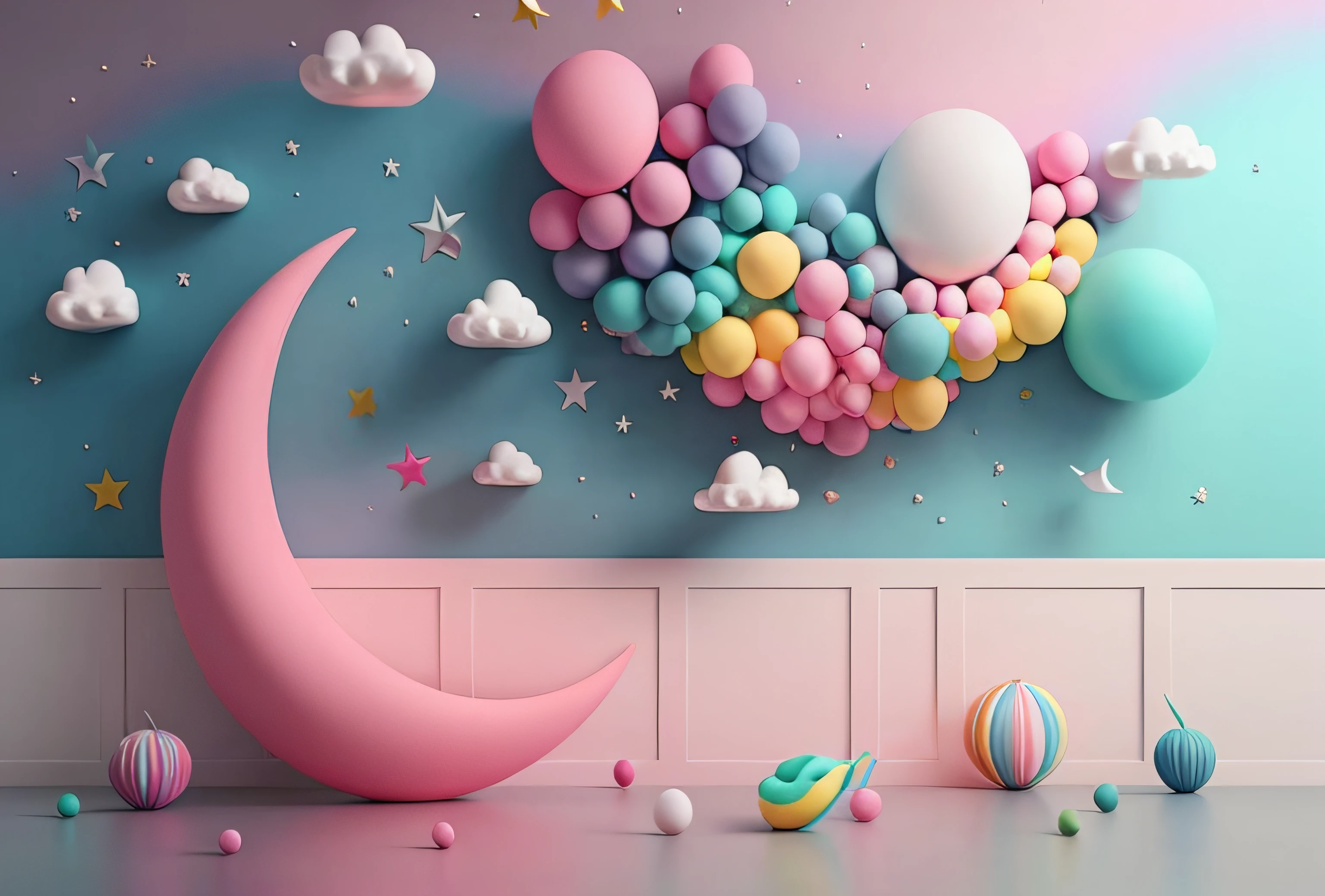 there is a room with a moon and balloons on the wall, pastel colourful 3 d, 3 d illustration, 3d illustration, 3d matte illustration, 3 d illutration, cute 3 d render, 3d magical details, trend on behance 3 d art, trend on behance 3d art, cinema 4d colorful render, 3d render digital art