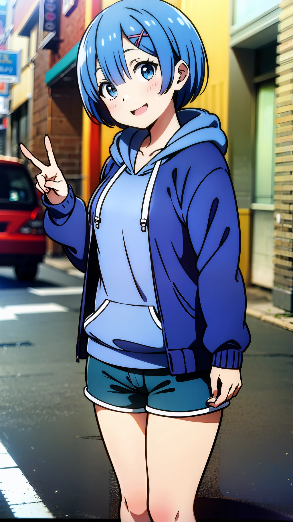 Masterpiece, rem rezero, blue eyes, happy face, blue hoodie, dark shorts, simple pose, in the middle of the street
