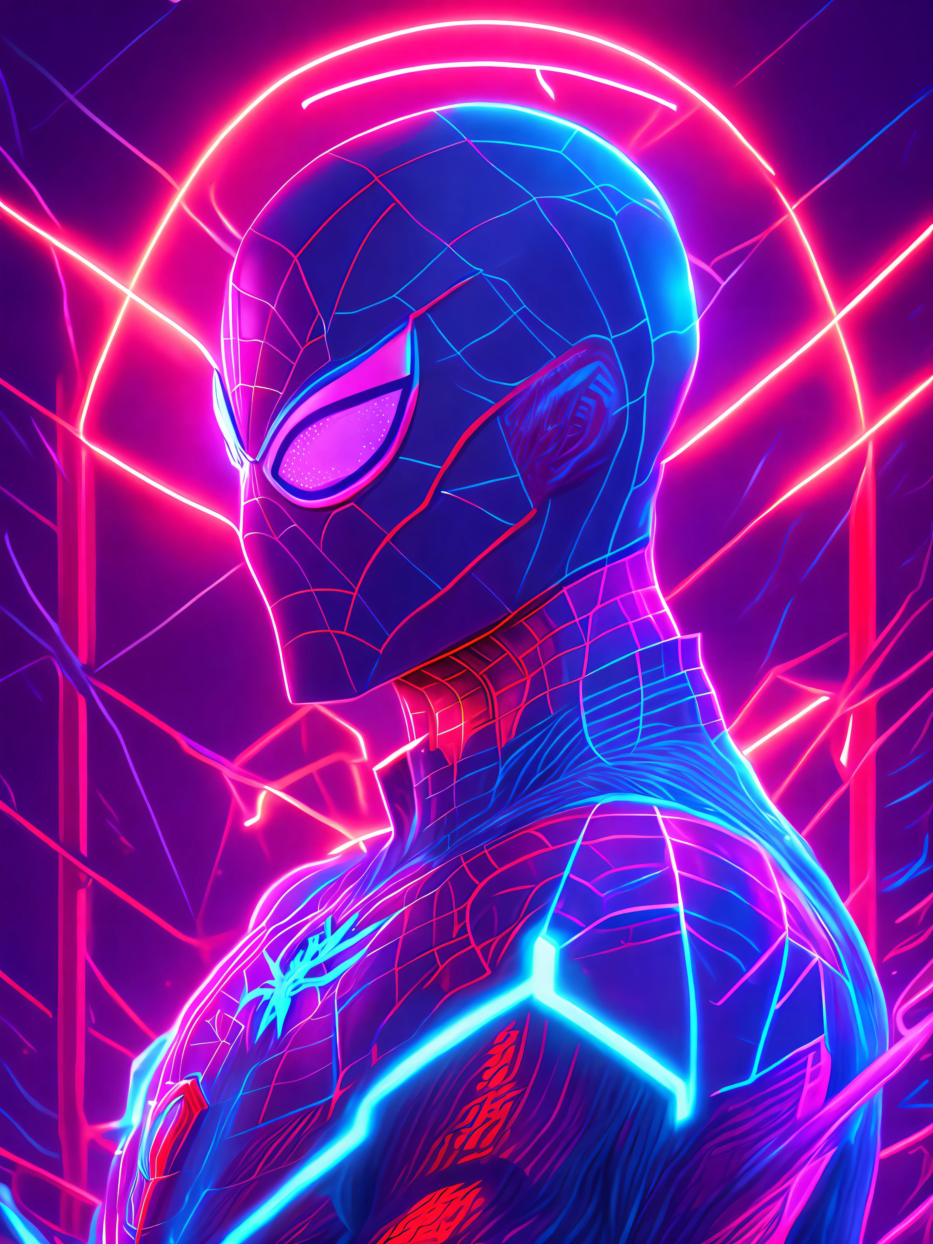 neon portrait of Marvel spider-man, photorealistic painting, intricate, 8K, very detailed, three-dimensional lighting, digital painting, sharp and intense focus, works by Artgerm E. Rutkowski and Alphonse Mucha, CGsociety