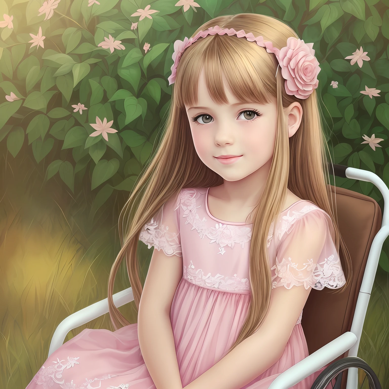 (((artwork))), better quality, ultra-realistic details, incredibly delicate illustration, charming portrait of a 7-year-old blonde child girl with long straight hair, brown eyes, wearing a stunning pink princess dress, in a wheelchair.