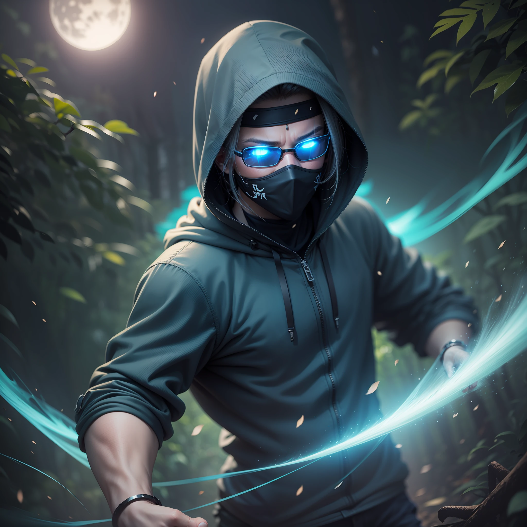 "Ninja in sunglasses and hood, 3D, bad and dark face, with neon blue electric rays coming out of his eyes and body, in a mysterious setting and at night with the light of the moon, illuminating the forest. with stunning details and realistic effects. The camera is positioned at a dynamic angle, as if it were a film shot, giving a sense of action and suspense."