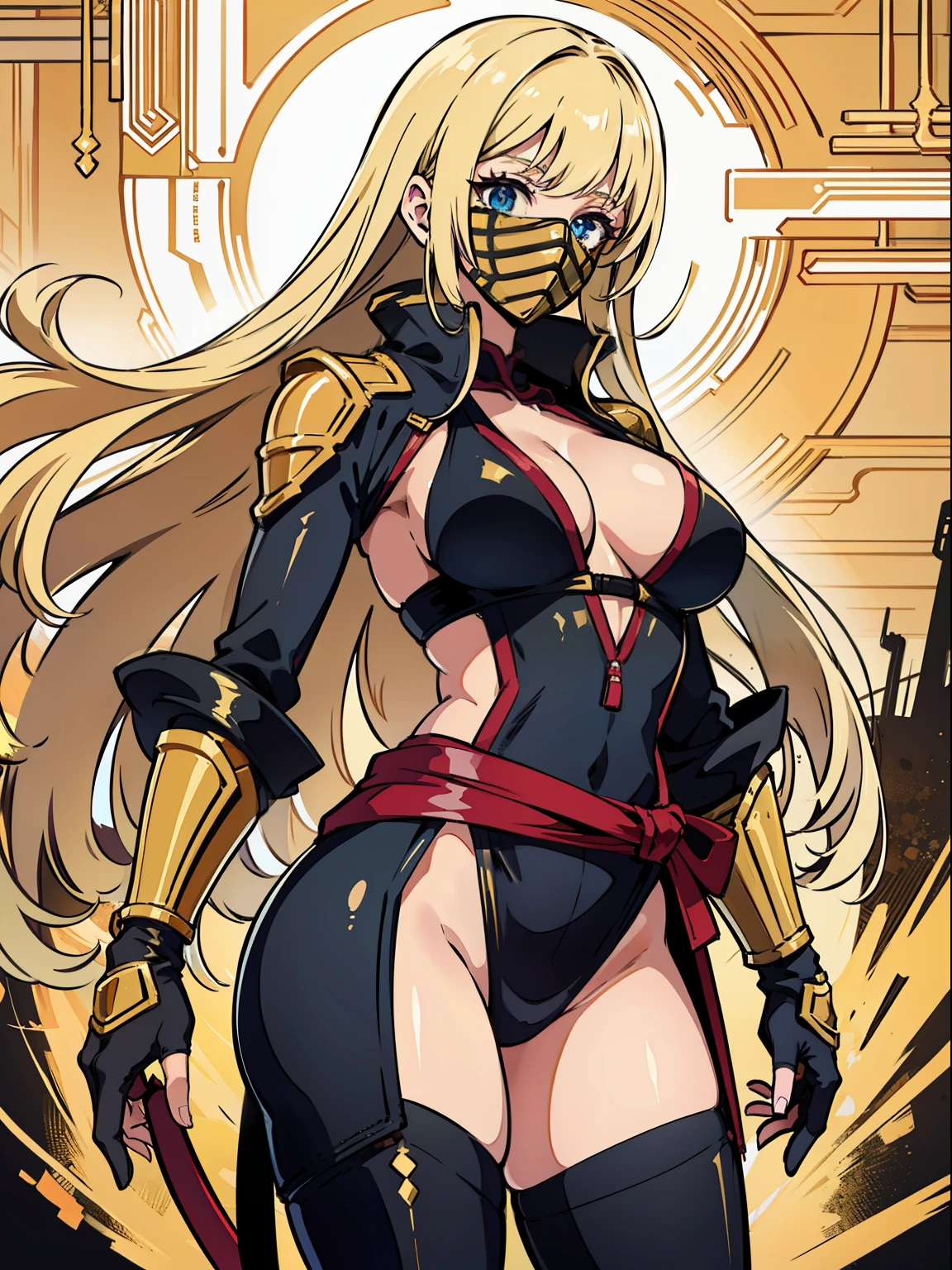 Masterpiece, high quality, blonde ninja girl in golden mask and golden costume