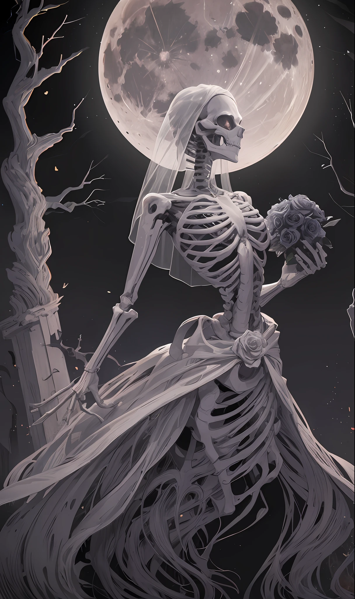 creepy, full moon, fantasy, skeleton bride, solo, wedding, rose, tombstone mobile wallpaper, psychedelic, ((masterpiece, high resolution)), dubbing, Pinterest, Instagram posts, ((8k, high detail)), dark lightning, ((line art)), (man type), broad shoulders, hard trance