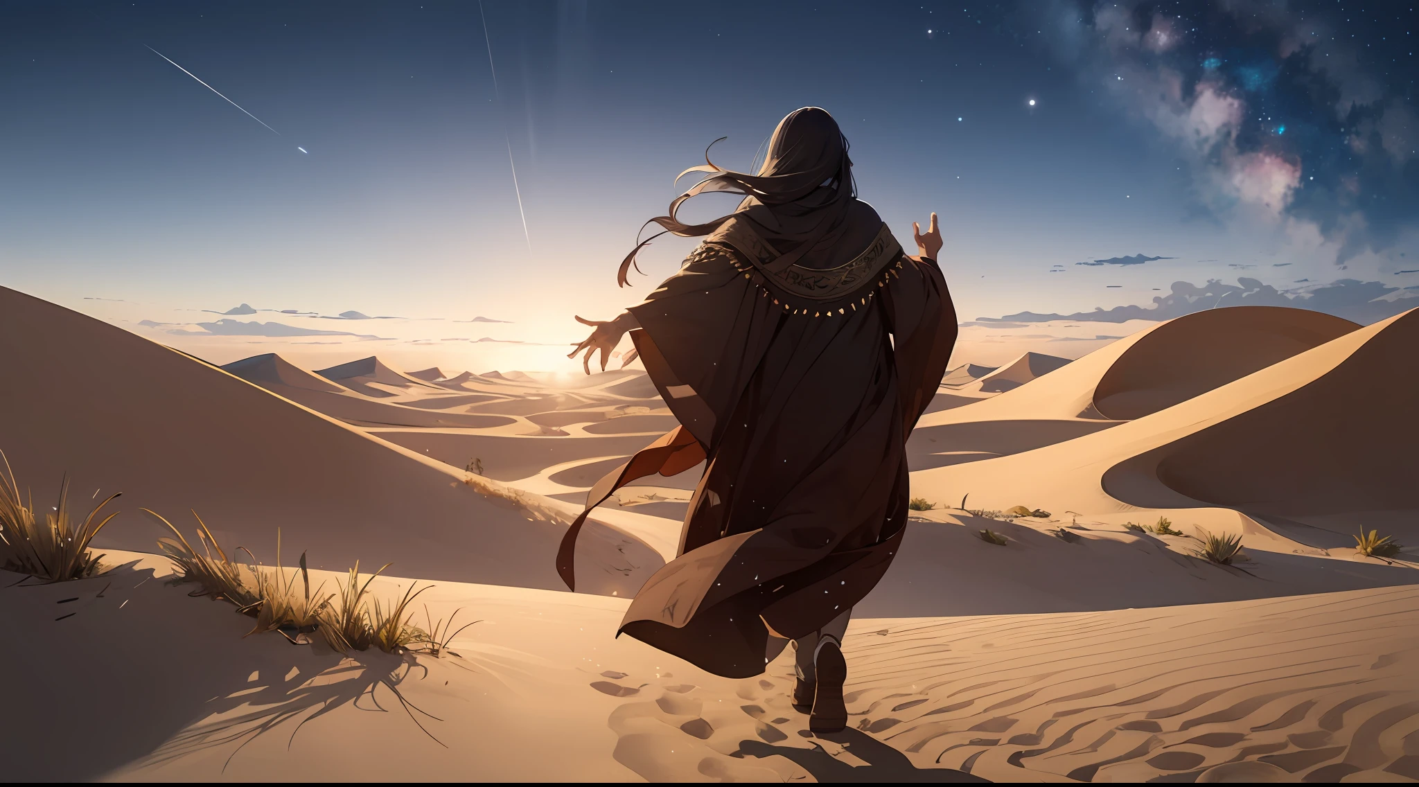 The vast sky, the beautiful horizon, the vast dunes, oasis, star shining brightly, clear sky, 1man, long tunic, long hair, walking forward