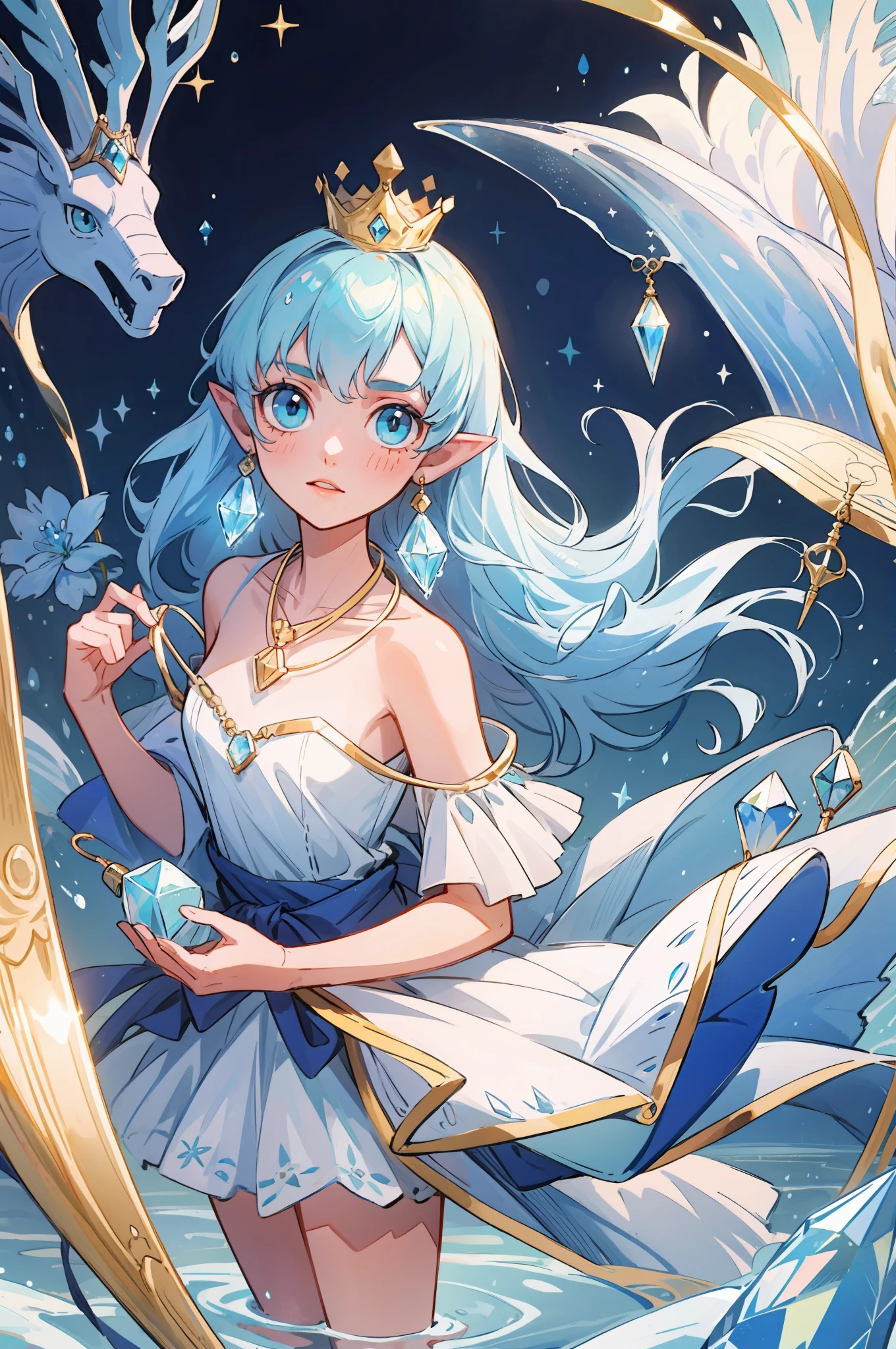 The crown woven with golden silk thread is worn in the ice blue hair, pointy ears, young girl, good face, blue crystal pendant necklace, full white chest, water blue long skirt, exquisite and gorgeous, The skirt has small pendants in the shape of water droplets made of various gemstones, illustration, masterpiece, fantasy, blue flowers, lakeside, movie lens, strong light and shadow