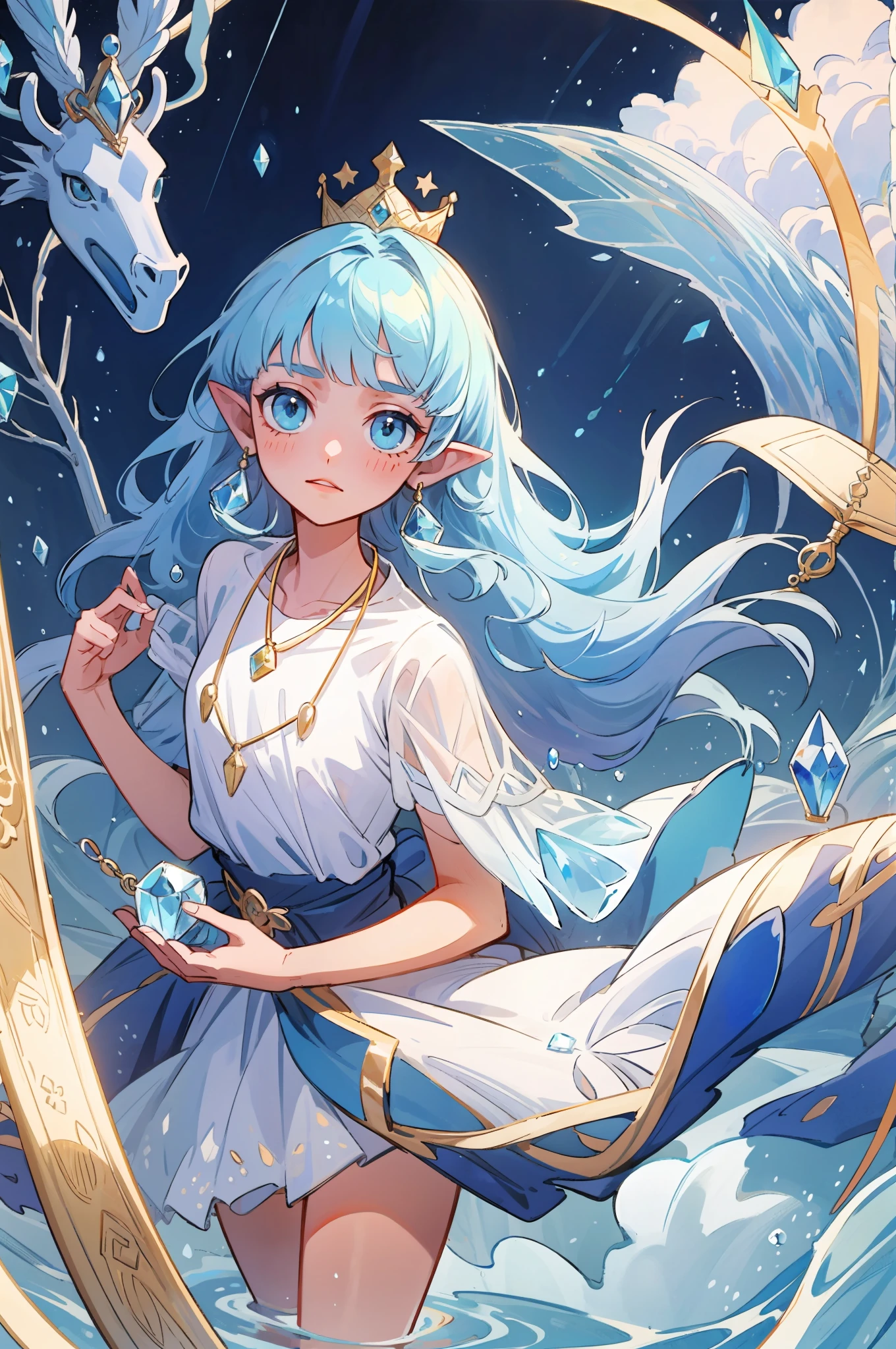 The crown woven with golden silk thread is worn in the ice blue hair, pointy ears, young girl, good face, blue crystal pendant necklace, full white chest, water blue long skirt, exquisite and gorgeous, The skirt has small pendants in the shape of water droplets made of various gemstones, illustration, masterpiece, fantasy, blue flowers, lakeside, movie lens, strong light and shadow