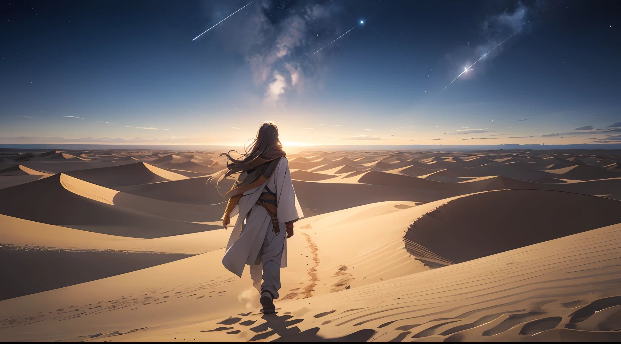 The vast sky, the beautiful horizon, the vast dunes, oasis, star shining brightly, clear sky, 1man, long tunic, long hair, walking forward