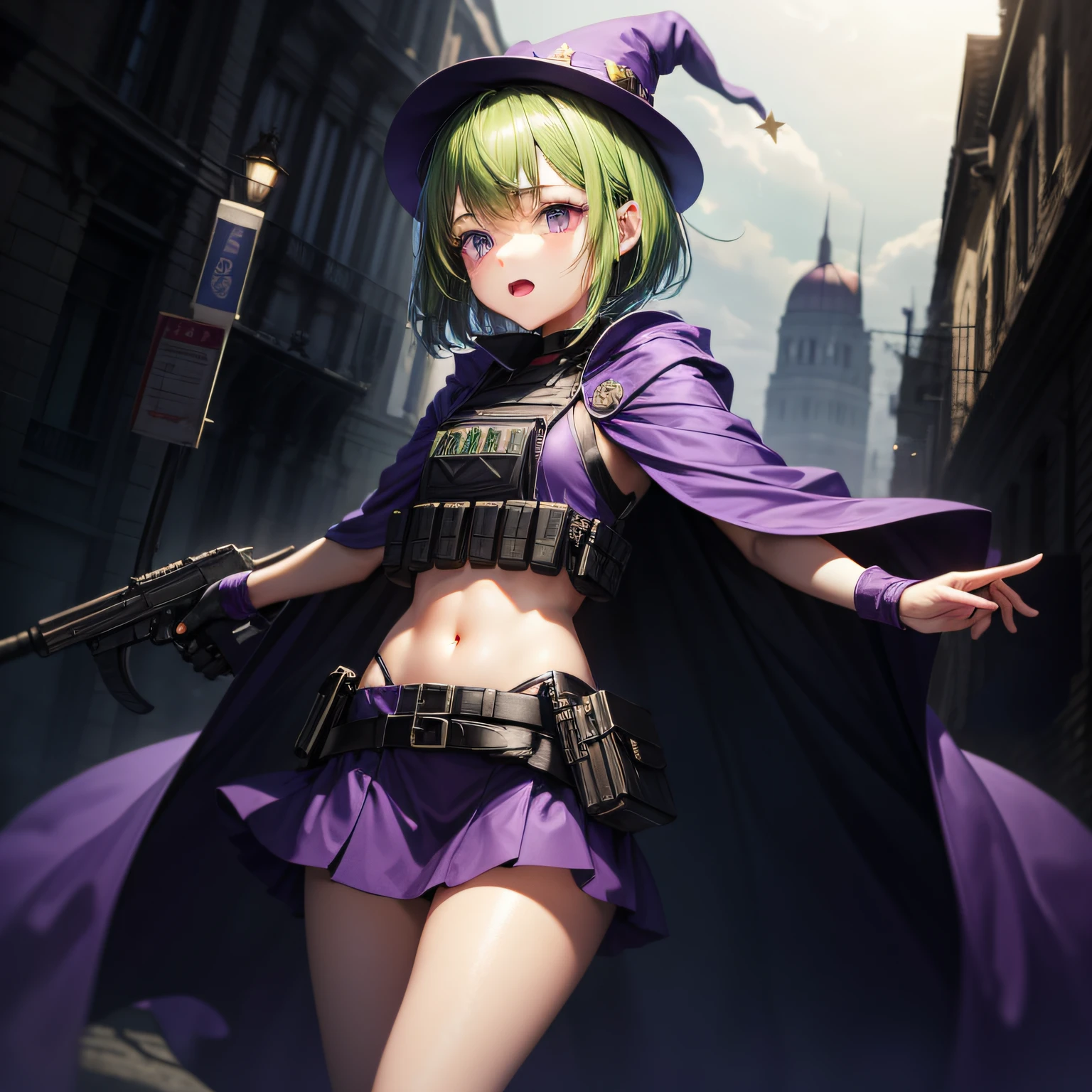 Top quality, very delicate and beautiful, (teenage girl), purple eyes, green hair, small, short hair, (purple pointy hat), one, having a tactical vest, short sleeves, purple skirt, purple wizard robe, navel, submachine gun