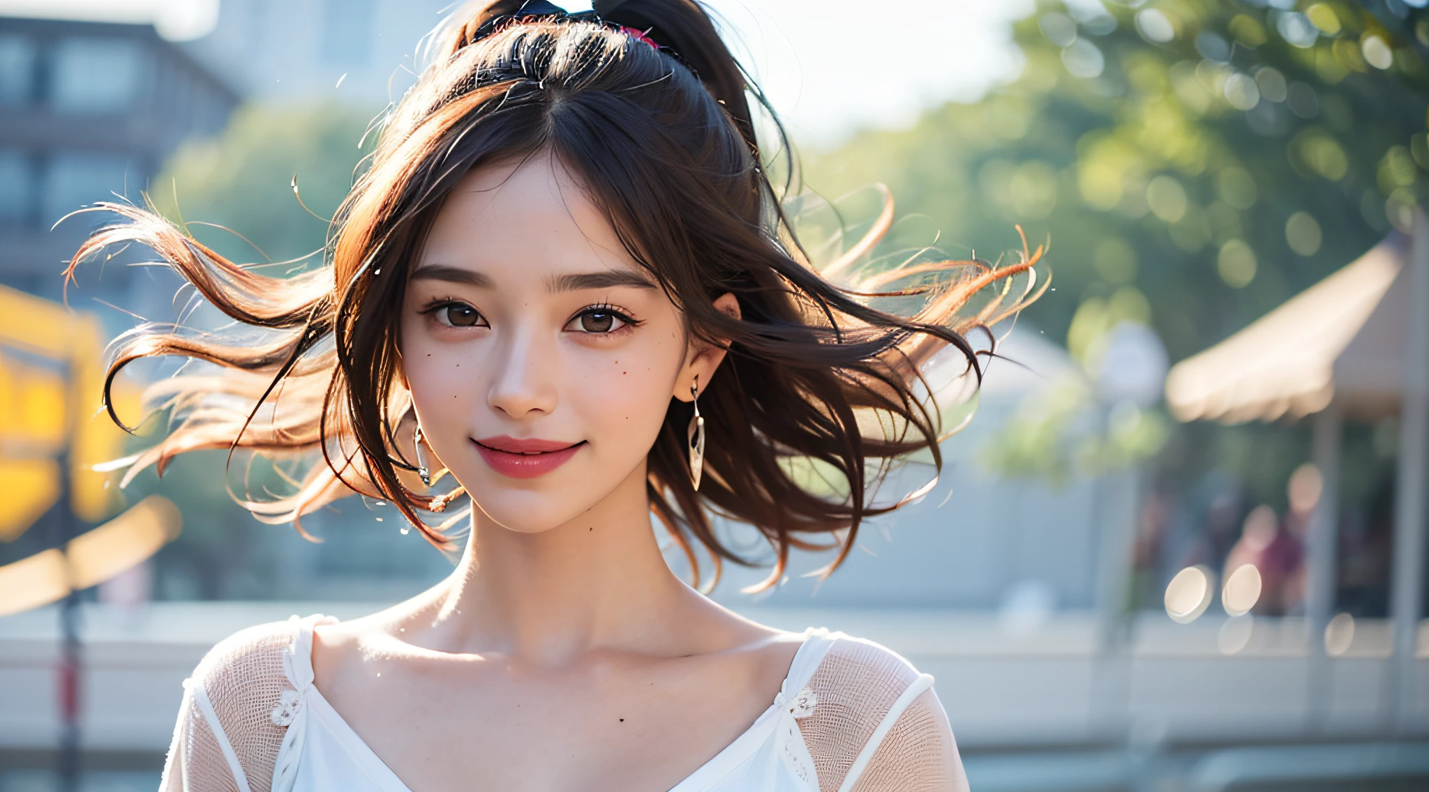 (8k, RAW photos,best quality, high resolution:1.1), (hyperrealistic:1.4),(realistic, photorealistic:1.3), soft light,big breasts,girl,realistic face,realistic body,realistic skin,absurdity,masterpiece,(cute:1.8), cuties, solo, (big breasts:1.2), detailed black eyes,innocent eyes,blusher,(t-shirt:1.2), cinema light,film grain,jewelry,earrings,((Medium hair:1.1)),((Floating Hair Novafrog Style)),cherry colored lips,hair ribbon,hair bow,ponytail,closeup,look viewer,long hair,upper body,open lips,upper teeth, (smiling eyes:0.6),((grinning:1.2)),depth of field, blurred background, eye focus, Bokeh,Young, 85mm Lens, f/1.4,Professional Lighting, Young,Portrait,Photon Mapping,Radiosity,Physically Based Rendering,No Bra
