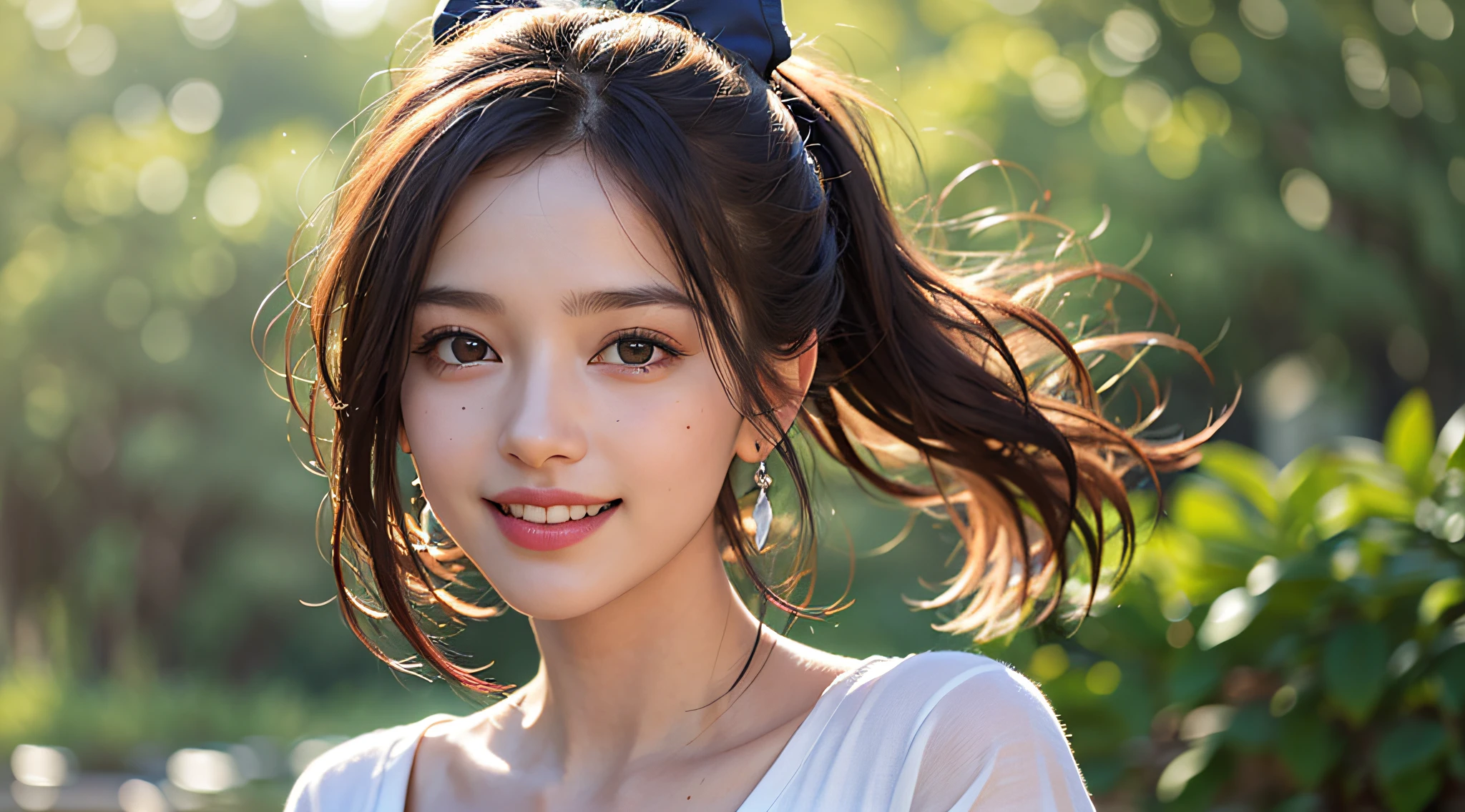 (8k, RAW photos,best quality, high resolution:1.1), (hyperrealistic:1.4),(realistic, photorealistic:1.3), soft light,big breasts,girl,realistic face,realistic body,realistic skin,absurdity,masterpiece,(cute:1.8), cuties, solo, (big breasts:1.2), detailed black eyes,innocent eyes,blusher,(t-shirt:1.2), cinema light,film grain,jewelry,earrings,((Medium hair:1.1)),((Floating Hair Novafrog Style)),cherry colored lips,hair ribbon,hair bow,ponytail,closeup,look viewer,long hair,upper body,open lips,upper teeth, (smiling eyes:0.6),((grinning:1.2)),depth of field, blurred background, eye focus, Bokeh,Young, 85mm Lens, f/1.4,Professional Lighting, Young,Portrait,Photon Mapping,Radiosity,Physically Based Rendering,No Bra