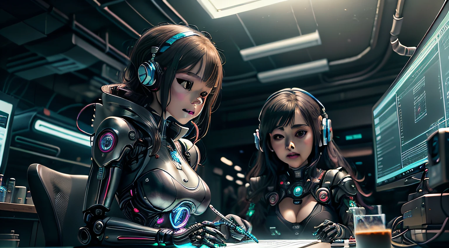 (masterpiece, top quality, high resolution, absurdity, detail: 1.2), humanoid, ((beautiful female robot and beautiful Japan human female researcher, two women, robot and human contact)), wearing ear monitors, staring and smiling, (cyberpunk, PC monitor, rainbow, holographic: 1.6), (cable, wire, monitor, laboratory, indoors, room, Simple background) --auto