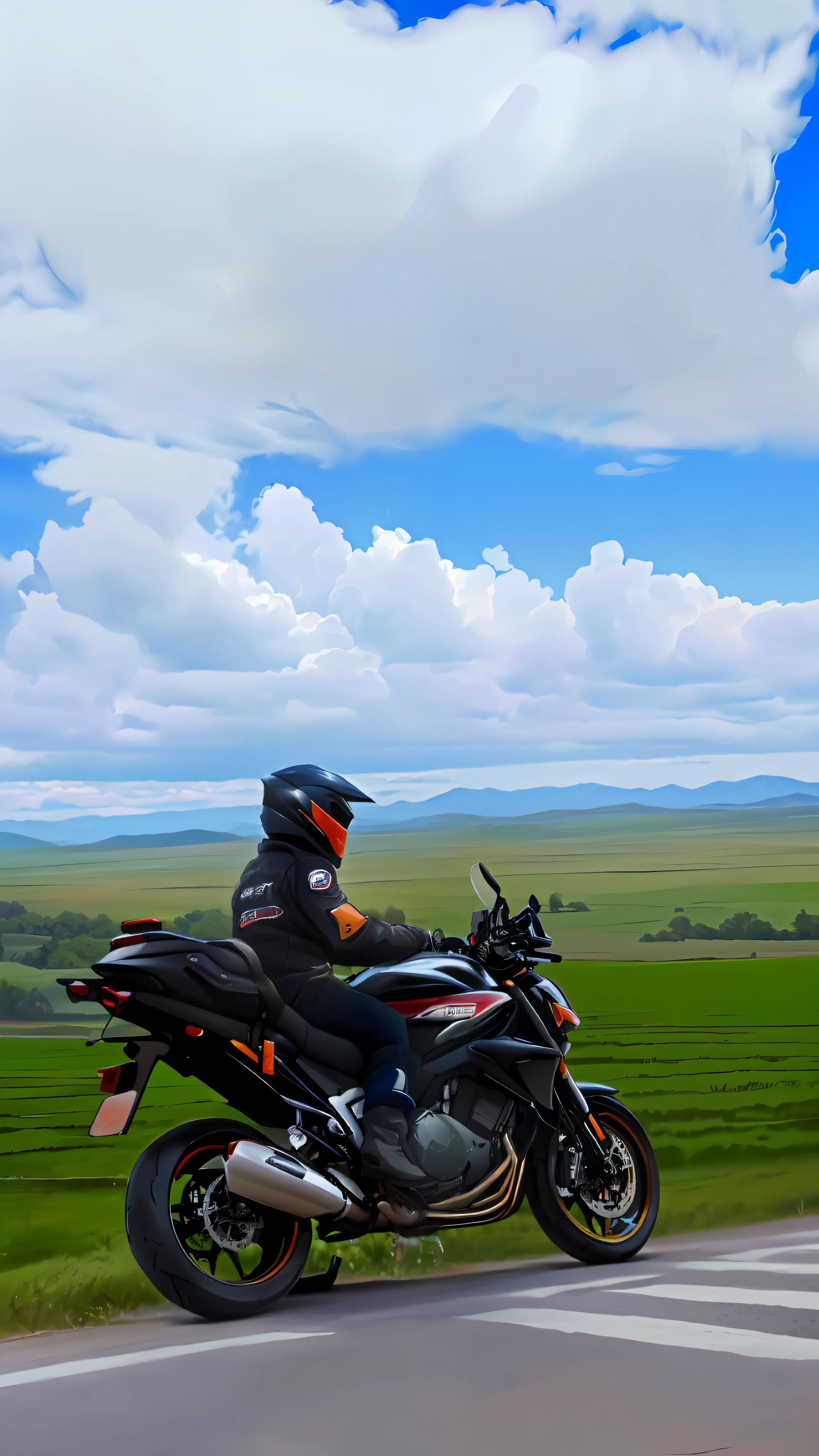 motorcycle rider on a motorcycle on a country road with a green field in the background, green pastures stretch for miles, riding on the road, epic scenic shot, motorbiker, riding a motorcycle, with mountains in the distance, lonely rider, touring, hills in the background, epic mountains in the background, big sky, riding a motorbike, with mountains in the background