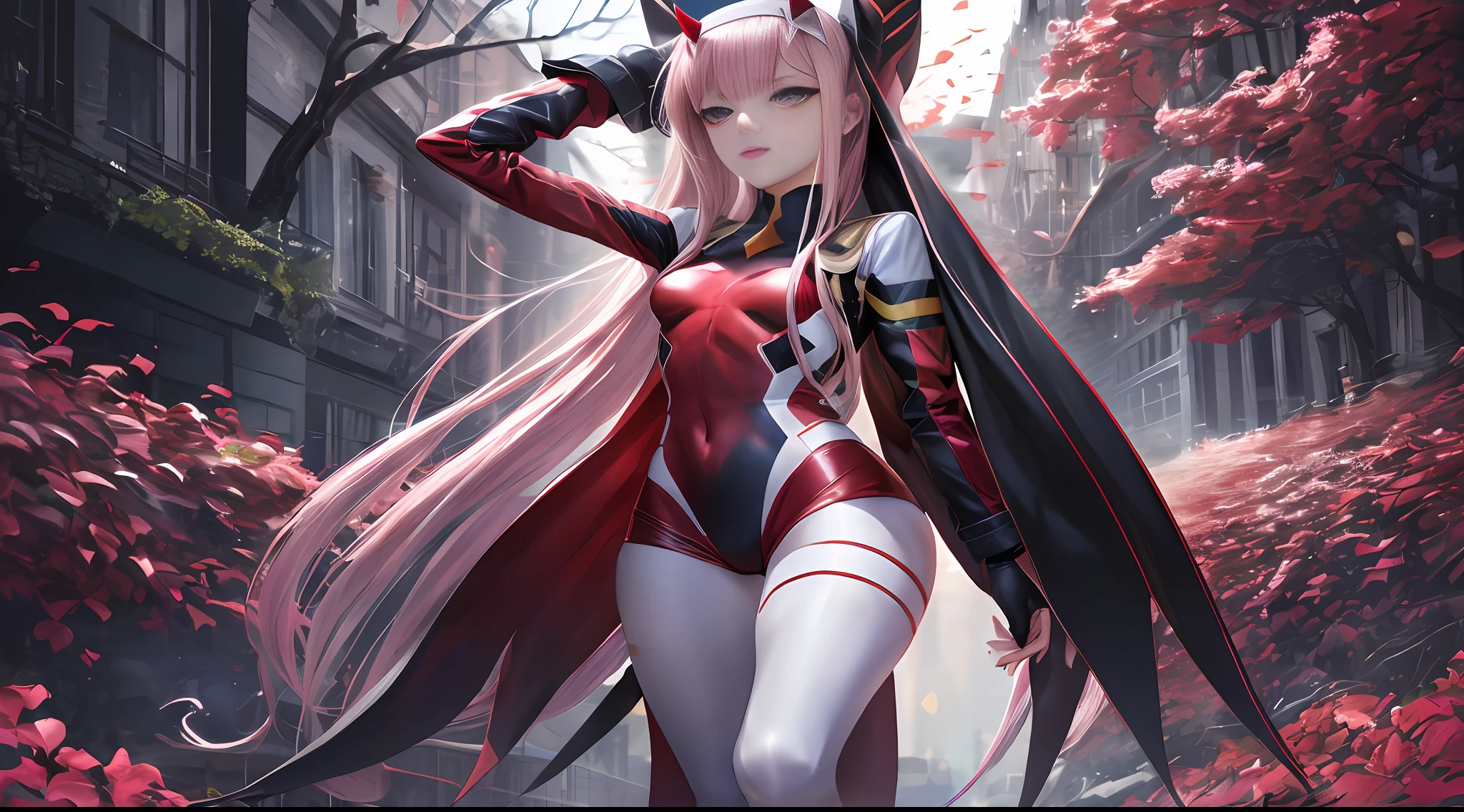 (((full body)),zero two \(darling in franxx\), darling in franxx, 1girl, bangs, bite, blush, eyeshadow, green eyes, hair behind head, horns, long hair, makeup, pink hair, red eyeshadow, science fiction, tight skin, solo. (( front)) ,(((side))) (((back))) , thighs, small breasts