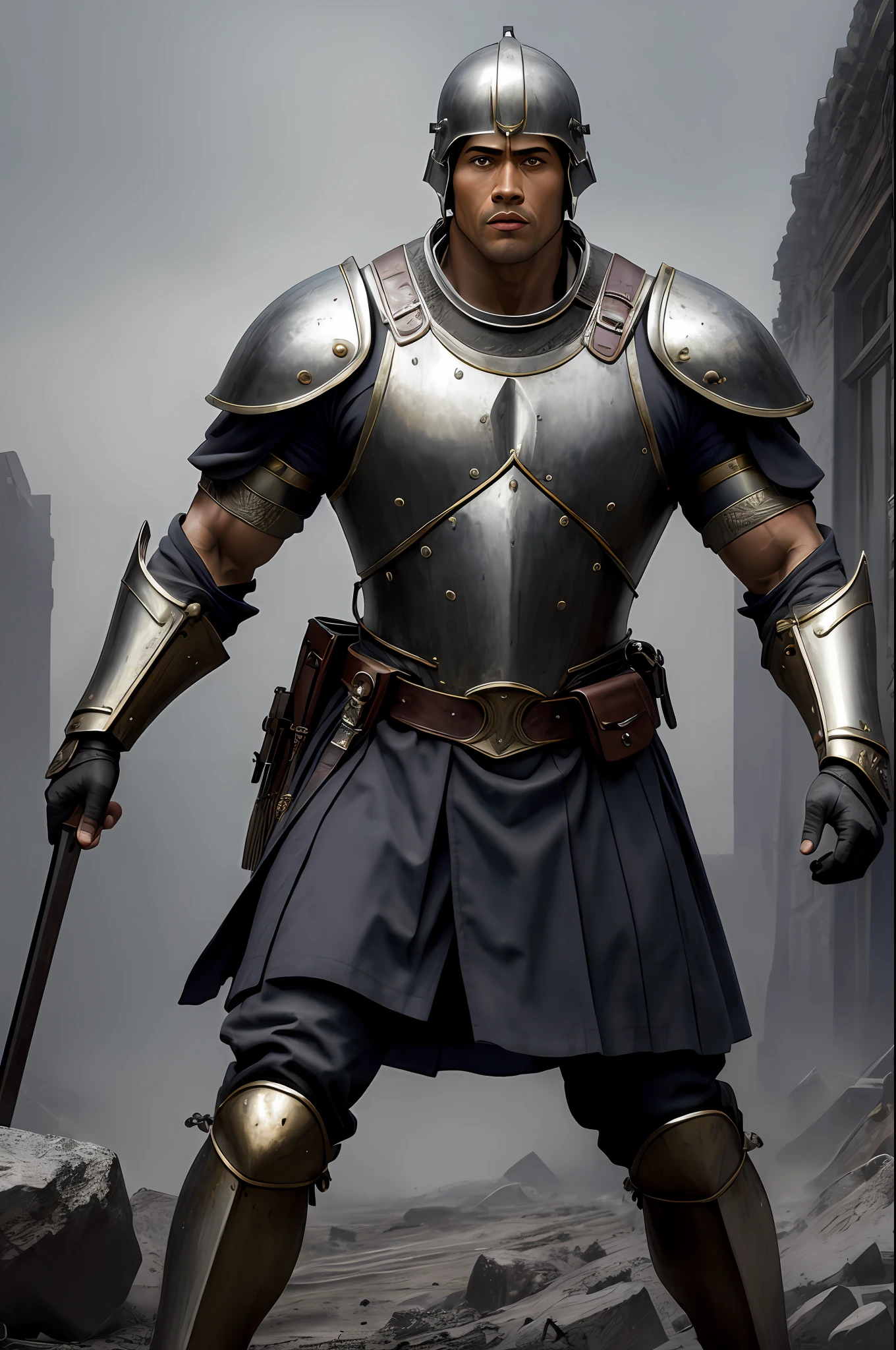 (16k, RAW photo, best quality, masterpiece: 1.2), ultra-detailed, formal art, photo realism: 1.37, full body photo, (Roman Soldier)), beauty,( Dwayne Johnson)film grain, Battle action pose,details.,armor