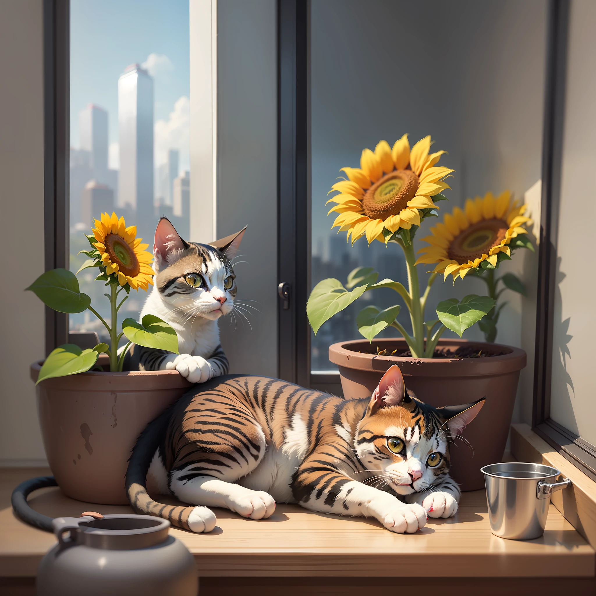 Cat lying on the windowsill of a skyscraper licking a lollipop, next to one ((pot with a sunflower)). ((Spectacular views.)) Digital painting, artstation, concept art, soft focus, sharp, illustration.