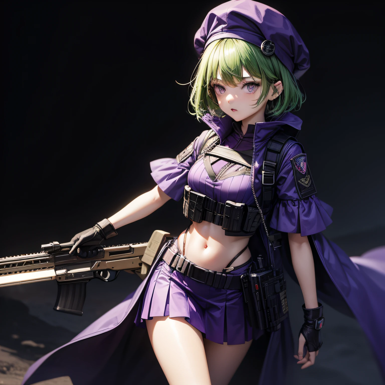 Top quality, very delicate and beautiful, (age girl), purple eyes, green hair, short hair, (purple pointy hat), one, tactical vest, short sleeves, purple skirt, purple wizard robe, navel, holding an assault rifle in both hands