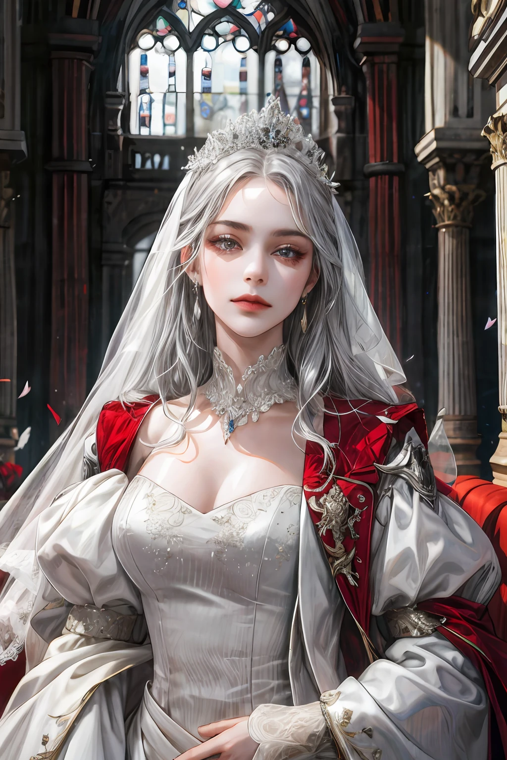 (absurd, high resolution, super detailed), 1girl, solo, mature, long silver hair, baroque, wedding dress, long sleeves, elegant, colorful, most detailed, upper body