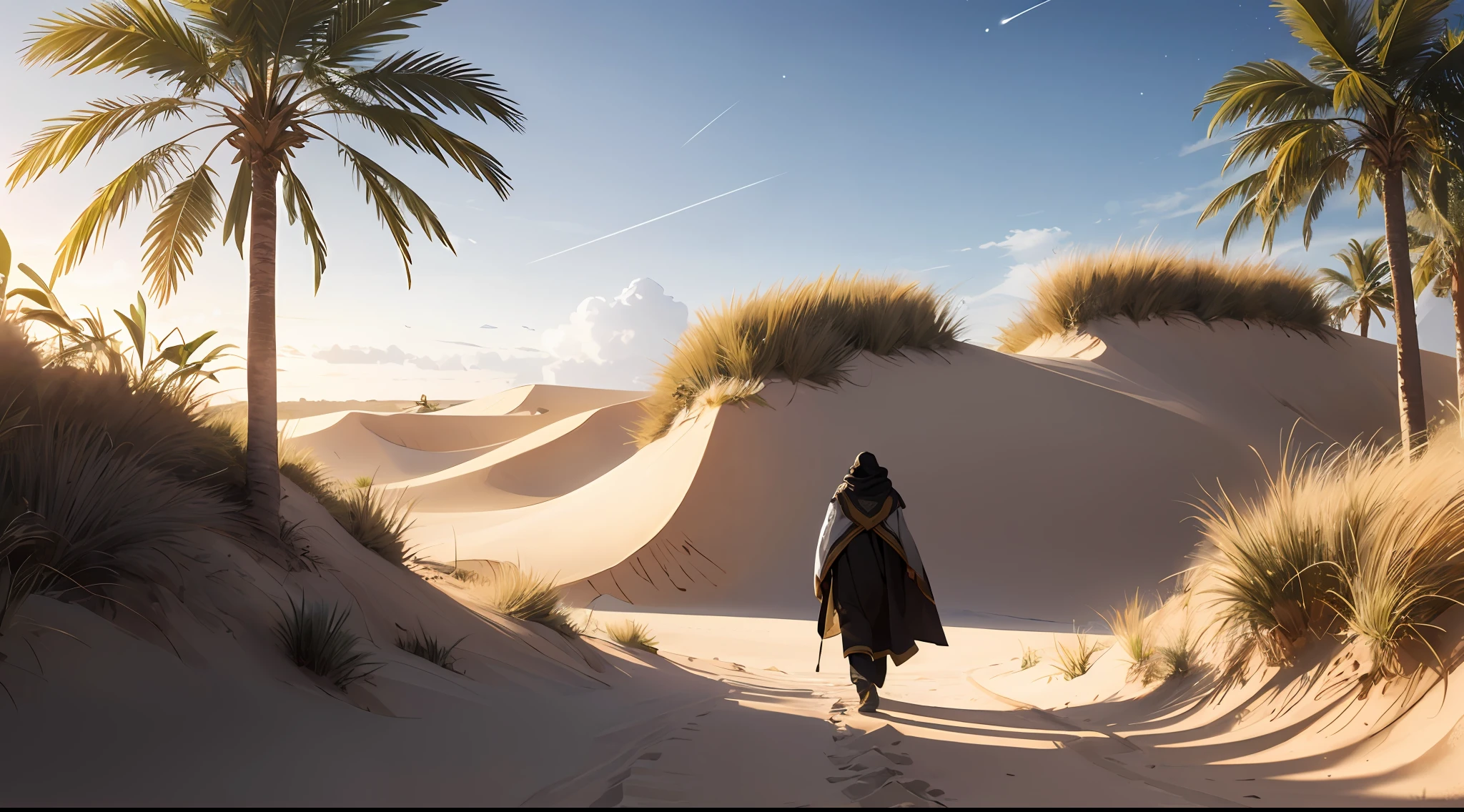 The vast sky, the beautiful horizon, the vast dunes, oasis, star shining brightly, clear sky, 1man, long tunic, long hair, walking forward, ancient city fenced by walls