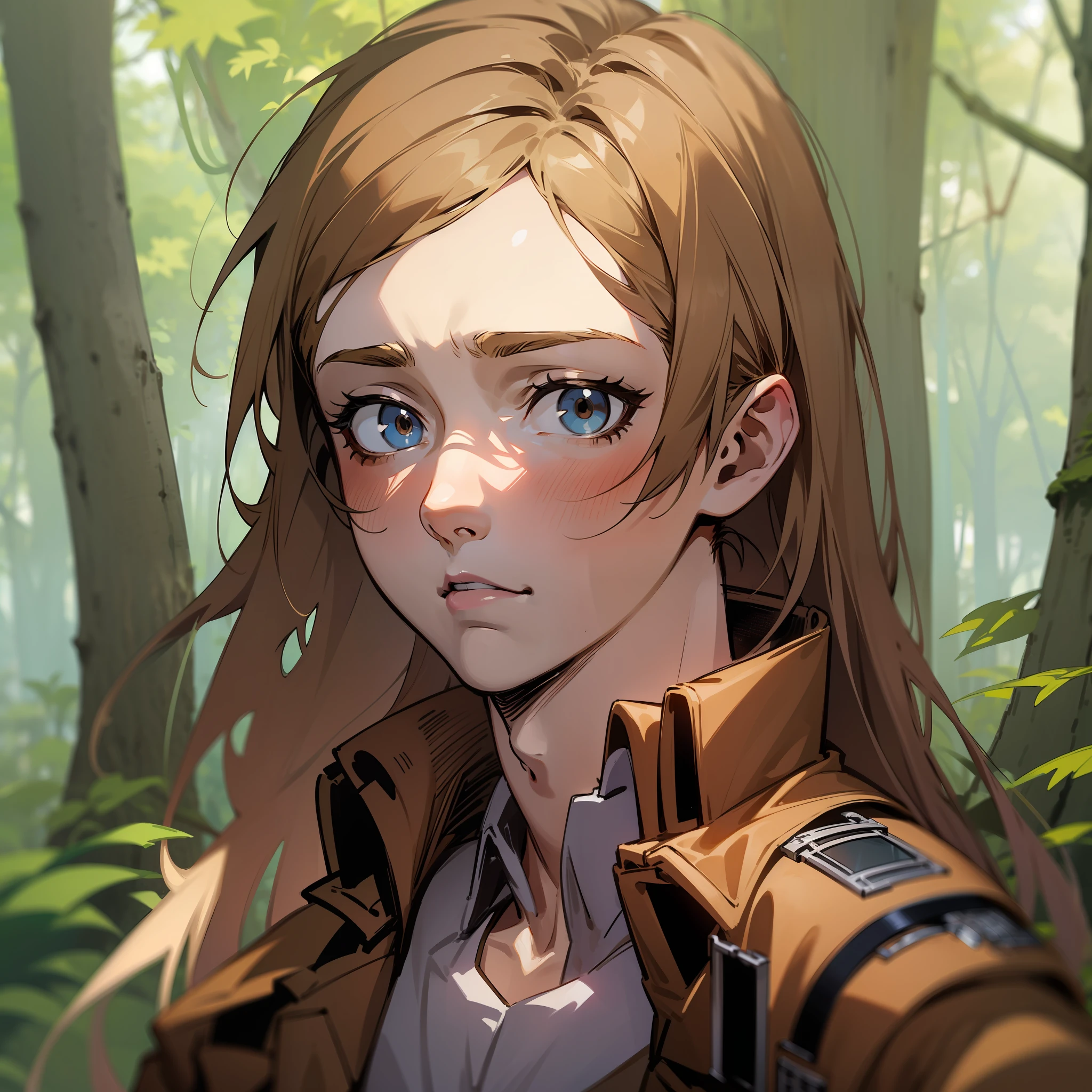 "Long-haired, blond-haired boy (wearing Shingeki's brown uniform:1.2), (brown jacket, in a forest, nervous expression, looking at the viewer, 4k, masterpiece)"
