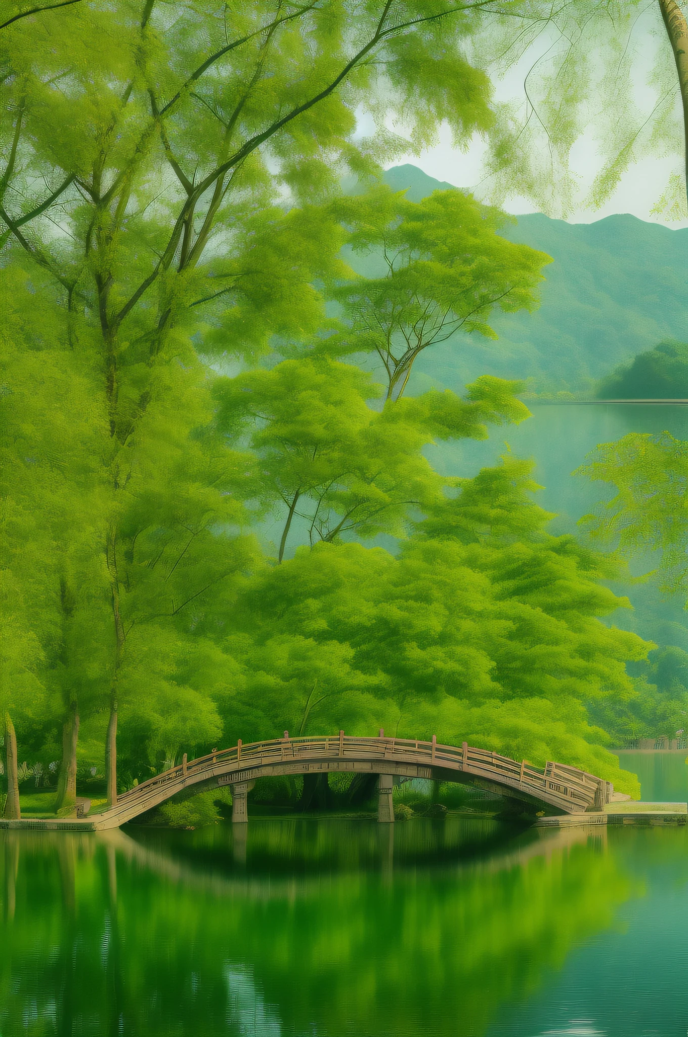 Jiangnan Hangzhou West Lake, spring color, willow tree, meditation pavilion in the lake, curved long bridge, just like the green of the south this season, is a gentle green ultra HD picture, 8k, ultra wide angle, ultra HD, ultra detail, cg render H