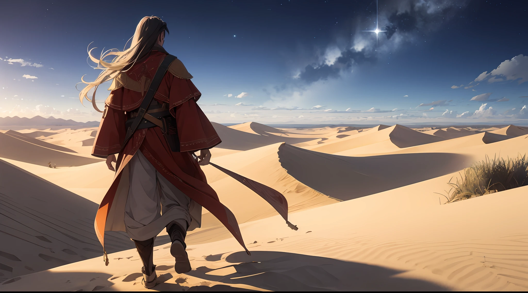 The vast sky, the beautiful horizon, the vast dunes, oasis, star shining brightly, clear sky, 1man, long tunic, long hair, walking forward, ancient city fenced by walls
