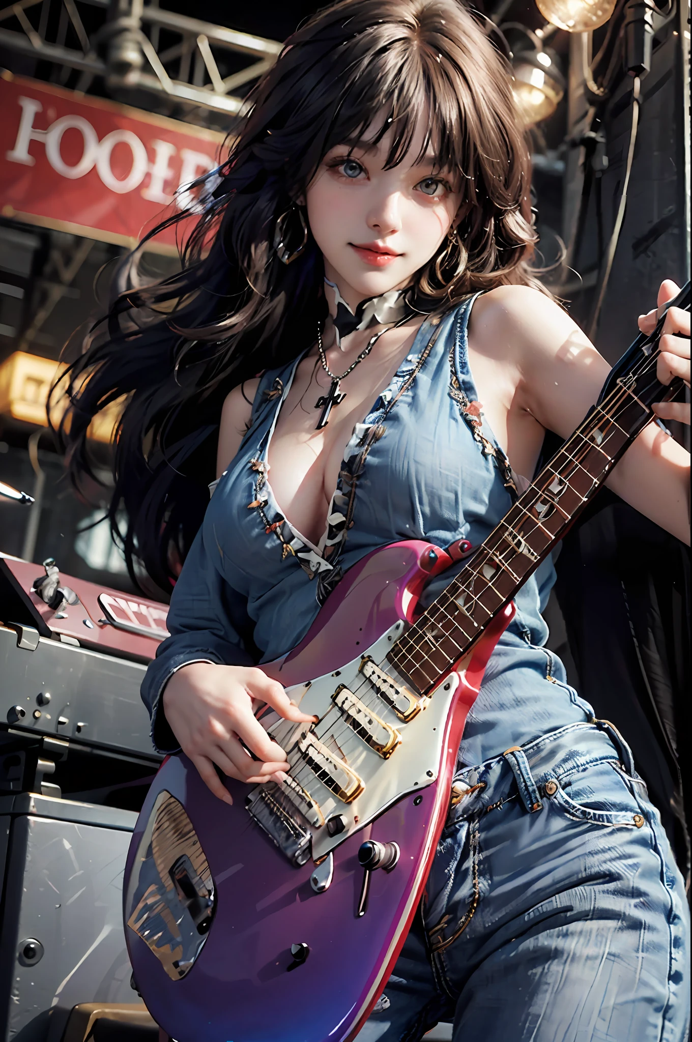 Top quality, masterpiece, ultra hd, (realistic: 1.4), original photo, denim shot, charming smiling girl playing electric guitar on live stage, (dynamic hole), long hair with large curly hair, flowing hair, red gradient hair, asymmetric bangs, Bob cut Bob cut, cross pendant necklace, earrings, white punk rock costume, colorful live lighting, spotlight