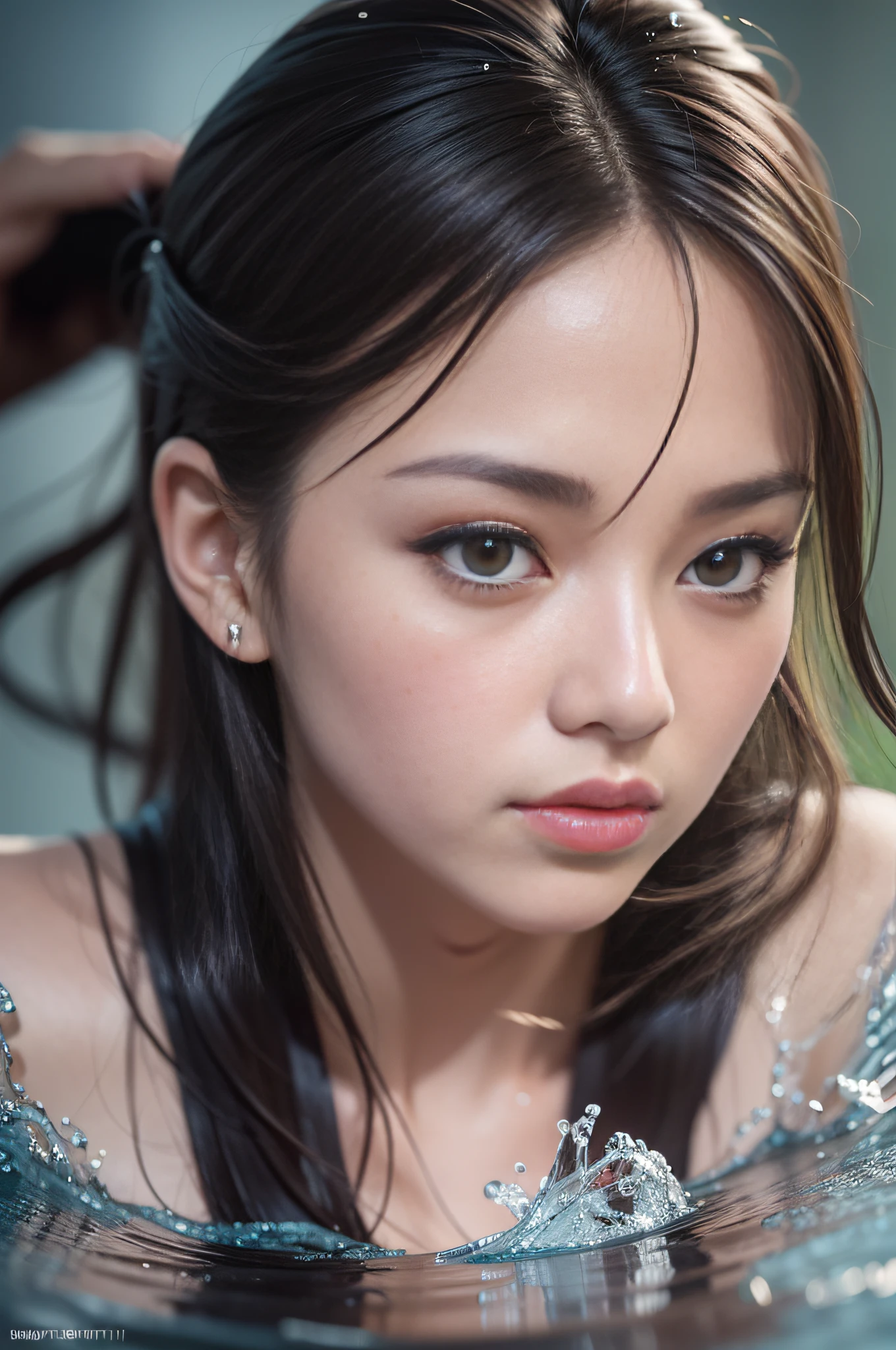 extreme close - up, water close-up, epic water bending shot, in front, Award Winning Photographs,Wuxia, water splash in depht-of-field, A beautiful Chinese women, cinematic scene, extreme expressive face, staring straight into the camera, eye to eye, focus on face, in the style of photorealistic eye, bokeh in the style of hyperrealistic illustration, super ultra detail, movie screenshot Unreal Engine, Zbrush, 3D art, Vray, Glow Particular, Post Effect, Optical Flares, style expressive, blue temperature,