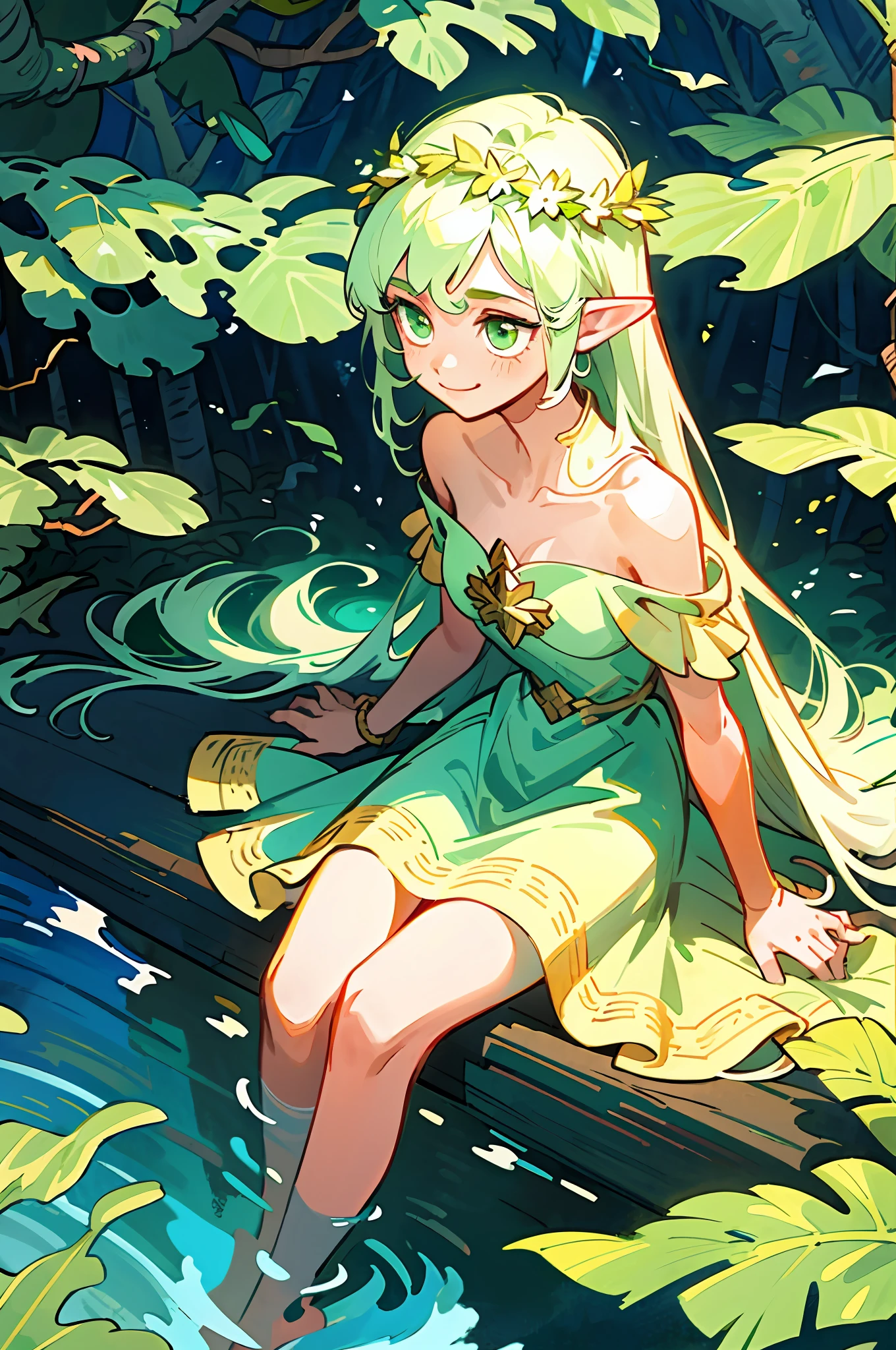 Masterpiece, best quality, illustration, colorful, landscape, fantasy, forest, 1girl, girly, face focus, skinny, bare shoulders, clavicle, detailed golden long hair, green eyes, pointy ears, holy smile , wreath, white dress, holy light, forest, sea of trees, flowers, sitting on the ground