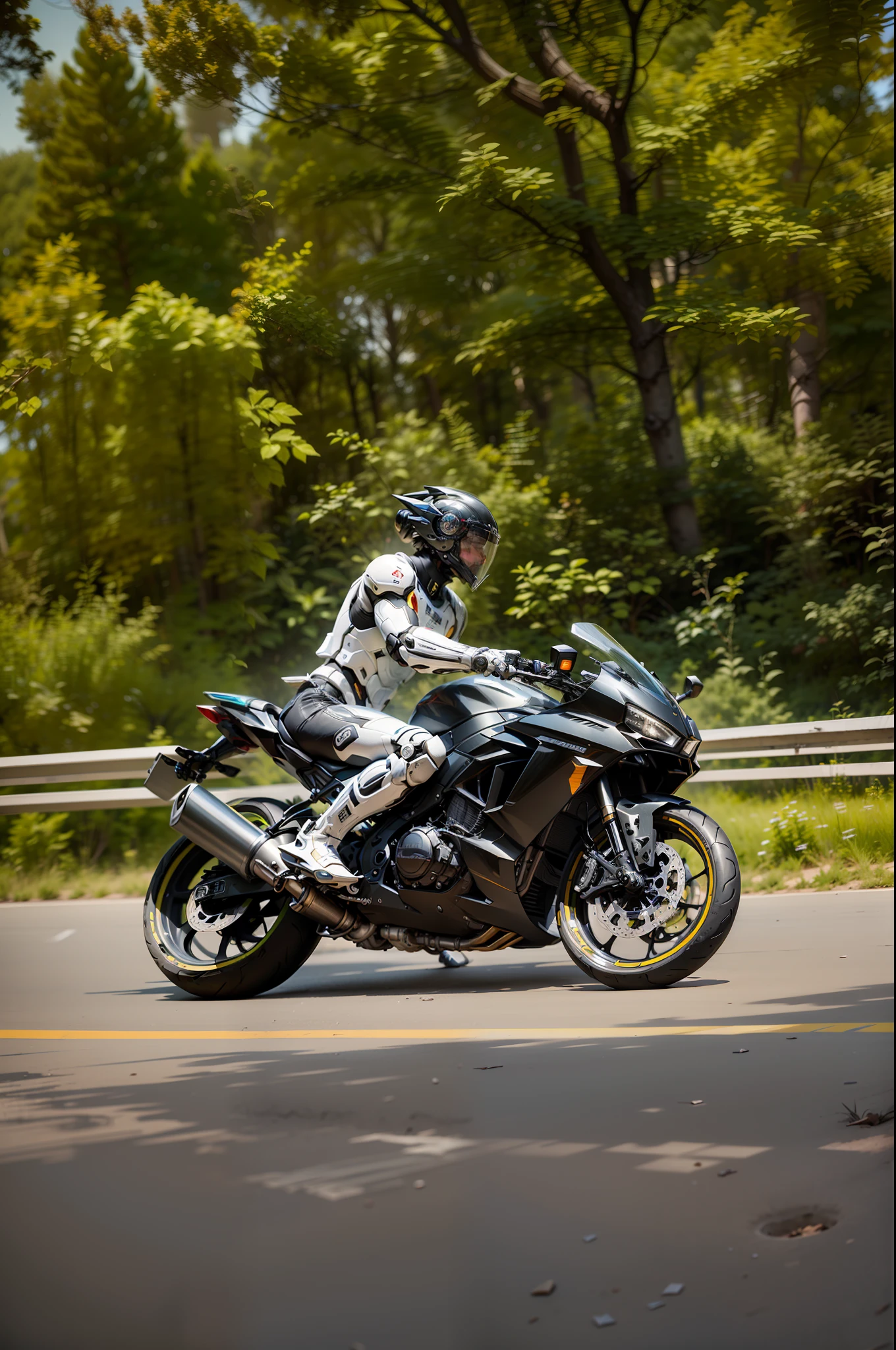 Strong handsome full body white mecha cyber handsome warrior, black cyberpunk motorcycle, high-tech black high-tech helmet, Nousr, biomechanics, MSHN robot man, high-tech helmet, surreal, steel, intricate design, crazy details, fine details, extremely clear lines, cinematic lighting, photo realism, detailed masterpiece