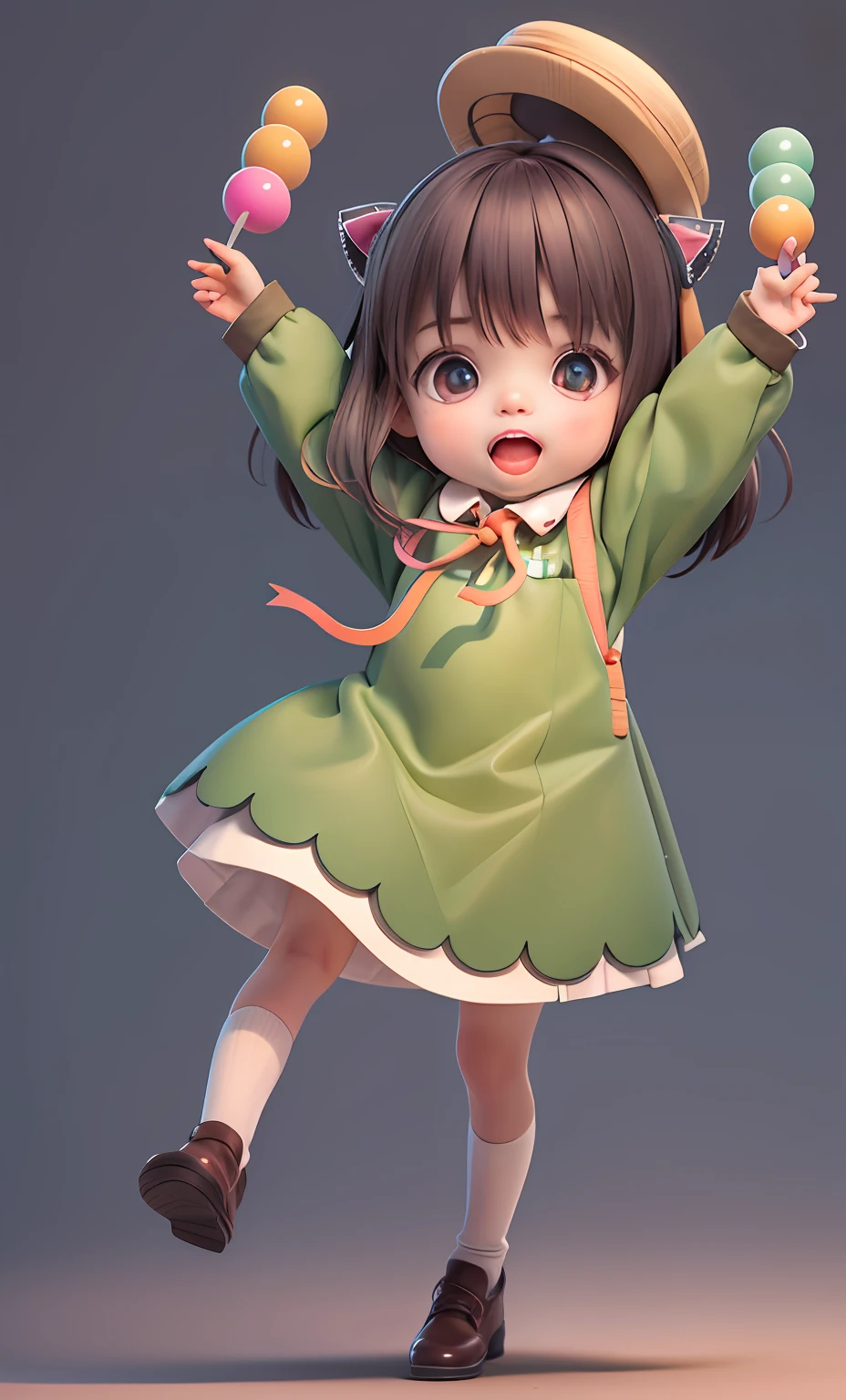 A cute girl with wide eyes, open mouth, white shirt, slip skirt, brown shoes
