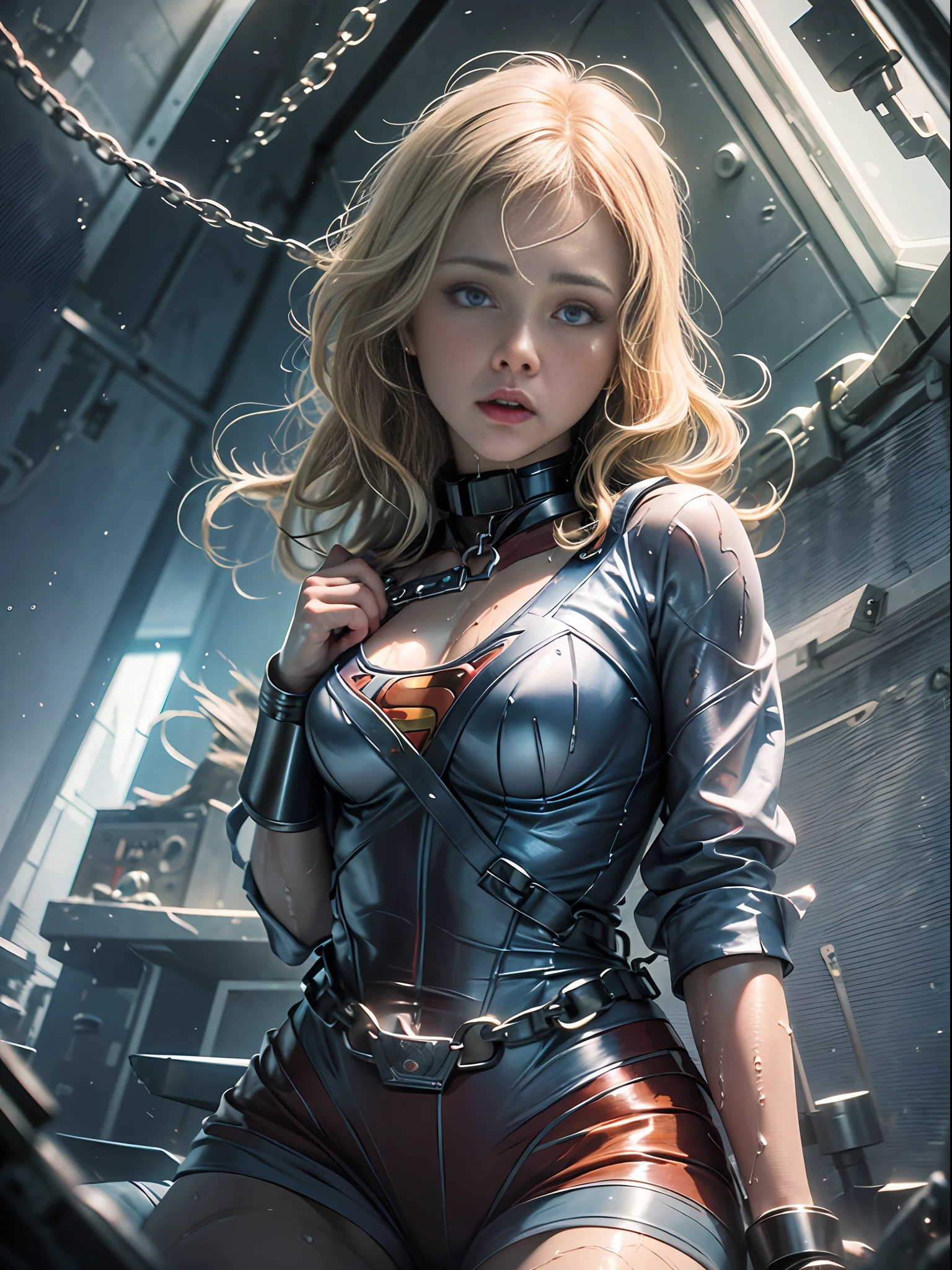 1 Supergirl, big, tears, blush, agony, (((wet skin)), bright red Hitomi, indoor, (on_back), crotch, bottomless, prisoner avrola, torn superheroine clothes, transparent clothes, metal collar, handcuffs, slave, chains, handcuffs, marquis world of sad, best quality, Supergirl's masterpiece, ultra high res, (photorealistic: 1.4), RAW photo, blue-eyed blonde, superman symbol S on the chest.