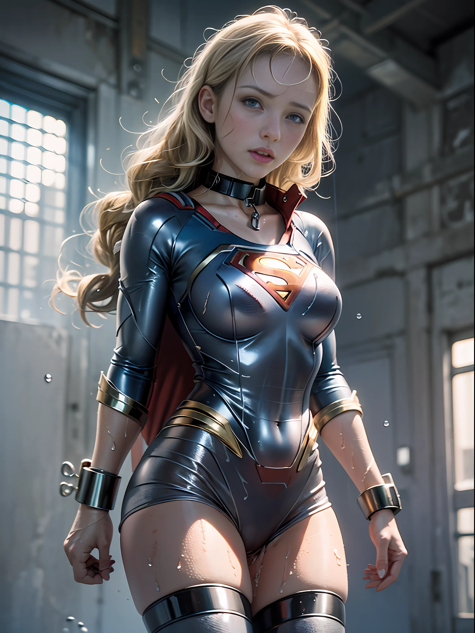 1 Supergirl, big, tears, blush, agony, (((wet skin)), bright red Hitomi, indoor, (on_back), crotch, bottomless, prisoner avrola, torn superheroine clothes, transparent clothes, metal collar, handcuffs, slave, chains, handcuffs, marquis world of sad, best quality, Supergirl's masterpiece, ultra high res, (photorealistic: 1.4), RAW photo, blue-eyed blonde, superman symbol S on the chest.