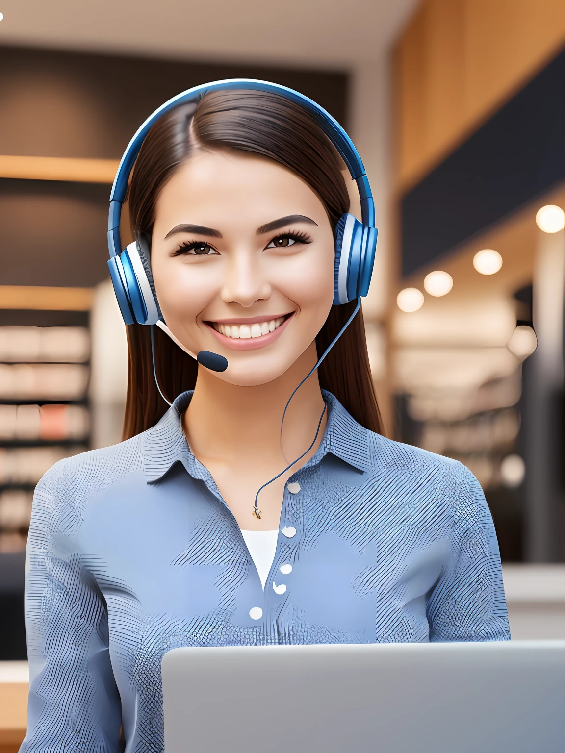 A professional photo, Brand customer service card, Lady customer service with headphones, with a smile --auto