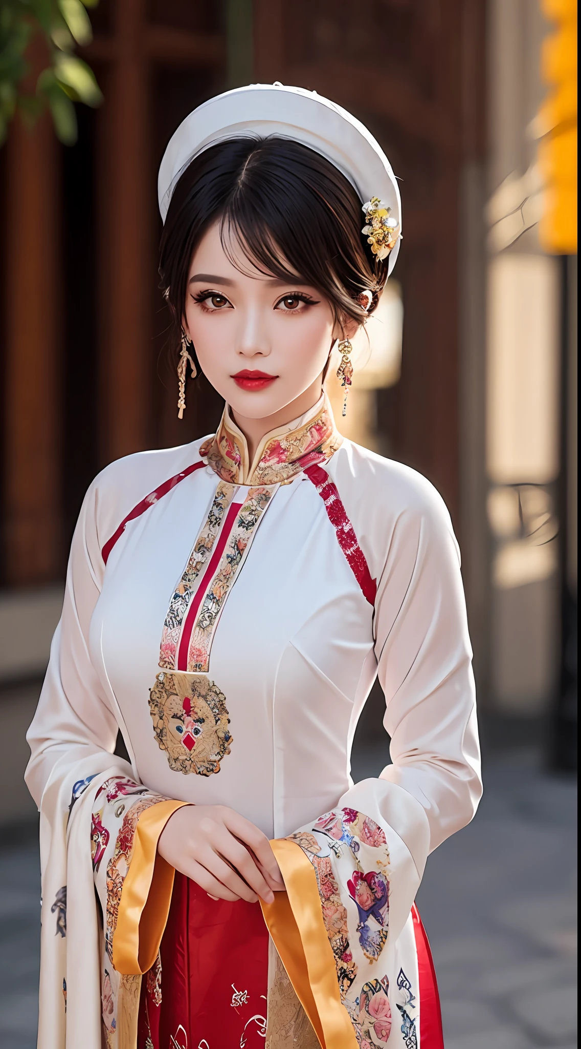 1 27-year-old solo girl, 1 zodiac goddess from the future, goddess wearing a bridal dress, 12 pink and purple zodiac signs, goddess wearing white silk shirt and pants with red and yellow color combination, tight ao dai white and red, ao dai with thin fabric, wearing a long-sleeved shirt that covers the hands, myths of 12 zodiac signs from the future, zodiac signs, design of 12 sparkling zodiac signs, luxurious and mysterious dark version, (bridal turban worn on the head of the goddess of the 12 zodiac signs: 1.8 ), compact bridal turban for women, (( meticulously designed and detailed bridal turban: 1.8)), vermilion lips, thin and beautiful lips, charming smile, fine details, detailed background, super detailed, magic light, beautiful lighting effects, clear face, long flat bangs, beautiful face, meticulous and well-proportioned, (transparent yellow eyes: 1.8), large round eyes and very beautiful and detailed makeup, visionary, wearing long silk clothes, mysterious makeup, next to her hair to roof and dyed pale yellow, portrait of upper half, goddess of the zodiac, arms hanging loosely, Real and alive, (the stars that make up the zodiac: 1.7), (the sky) of the zodiac signs texture bad path: 1.8), fictitious photo, RAW photo, Vietnamese Ao Dai photo, best photo, 8k, best quality 8k photo, surreal, most realistic,