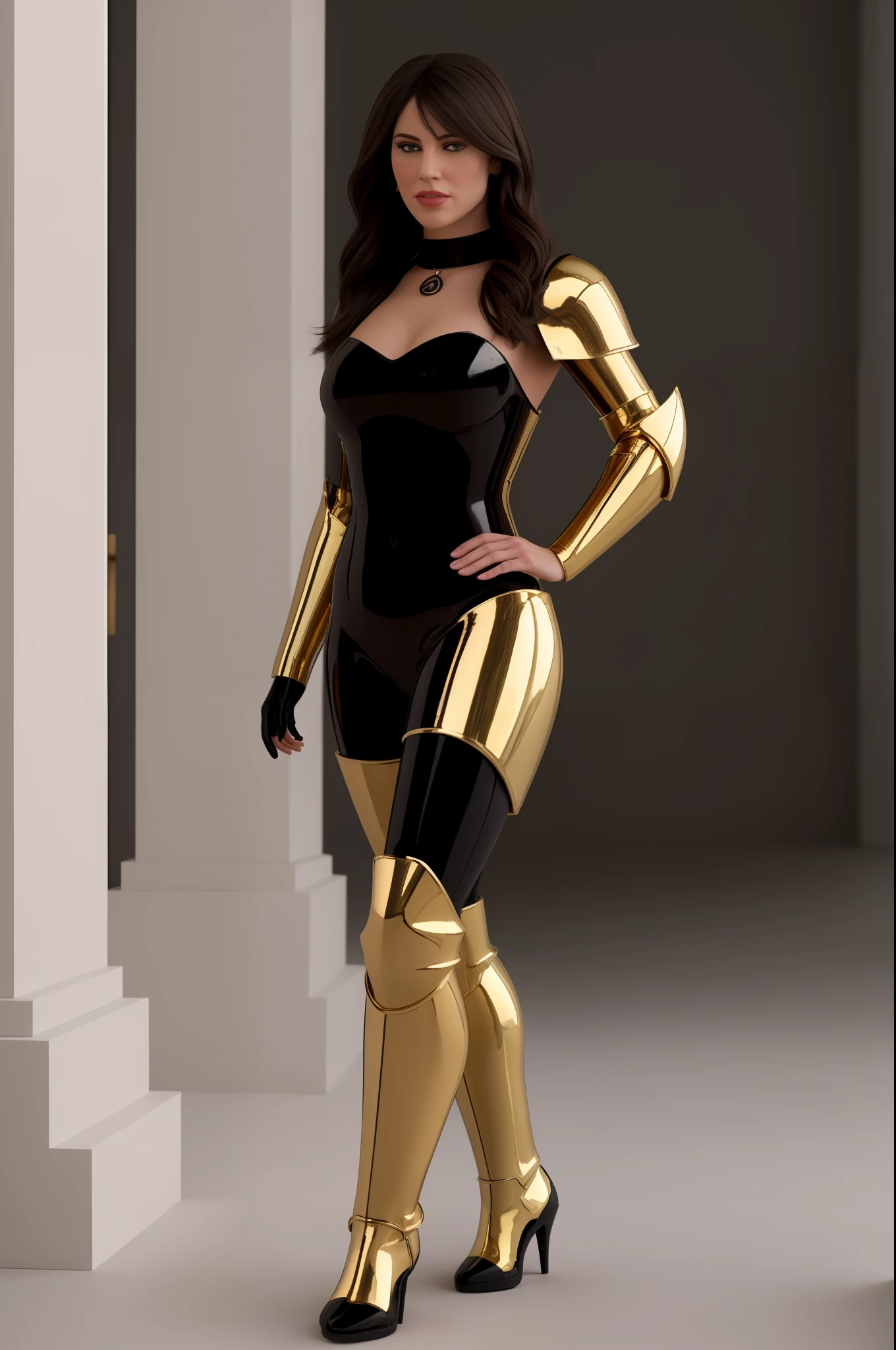 (8K, best quality: 1.2), (masterpiece: 1.37), (photo, photorealistic: 1.37), (ultra-high resolution), full body, warrior pose, front photography, slow motion, female paladin, wearing full body, Italian woman fresh muscle model, amazing incredibly beautiful, standing, looking at camera, short curly black hair with smooth bangs, 50mm portrait, soft curves, gigantic ass, wide hips, fleshy lips and angelic face,  Perfect ABS (light silver armor: 1.2),(richly decorated black and gold armor), (incredibly detailed, bloom: 1.5), (high quality,4k), 1.2), realistic, real shadow, 3d, (temple background:1.2), (by Michelangelo), photographed by Canan EOS R6, 135mm, 1/1250s, f/2.8, ISO 400, ultra realistic 8k, (futuristic:, futuristic city, futuristic era), (((detailed background)))
