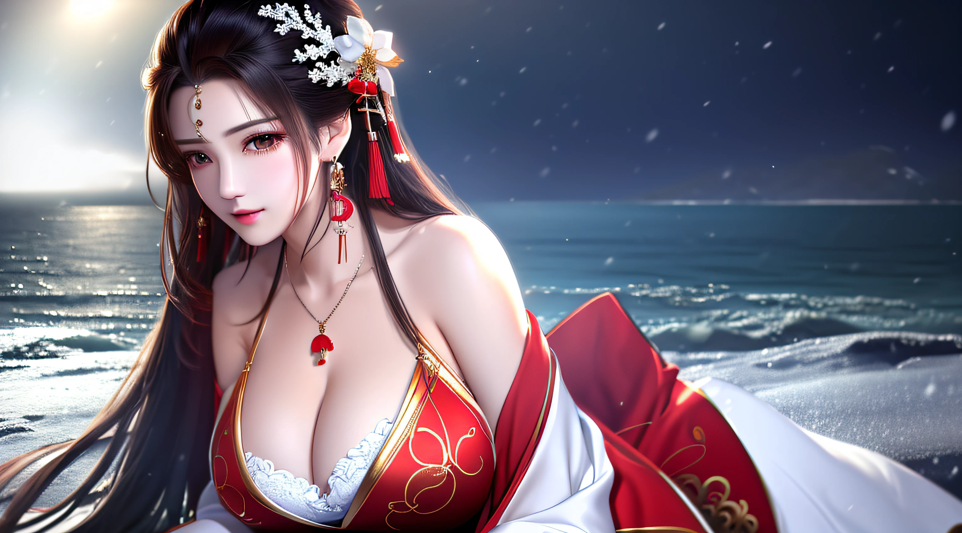 ((Very detailed CG)), ((8k_wallpaper)), (Masterpiece), Best Quality, High Resolution Illustration, Ultra Detail, High Resolution, ((Overexposure)), Bare Shoulders, (Upper Body), Head Tilt, Ceza, Seza, Sej, Sej, Seza, 1girl, Long hair, beautiful_face, Highly detailed and beautiful eyes, (extremely delicate and beautiful), (Beautiful and detailed facial depiction), Mature women, Chinese Hanfu, red and white Taoist robes, earrings, Necklace, winter snow, masterpiece, superlative, bikini, exposed breasts, huge breasts, by the sea