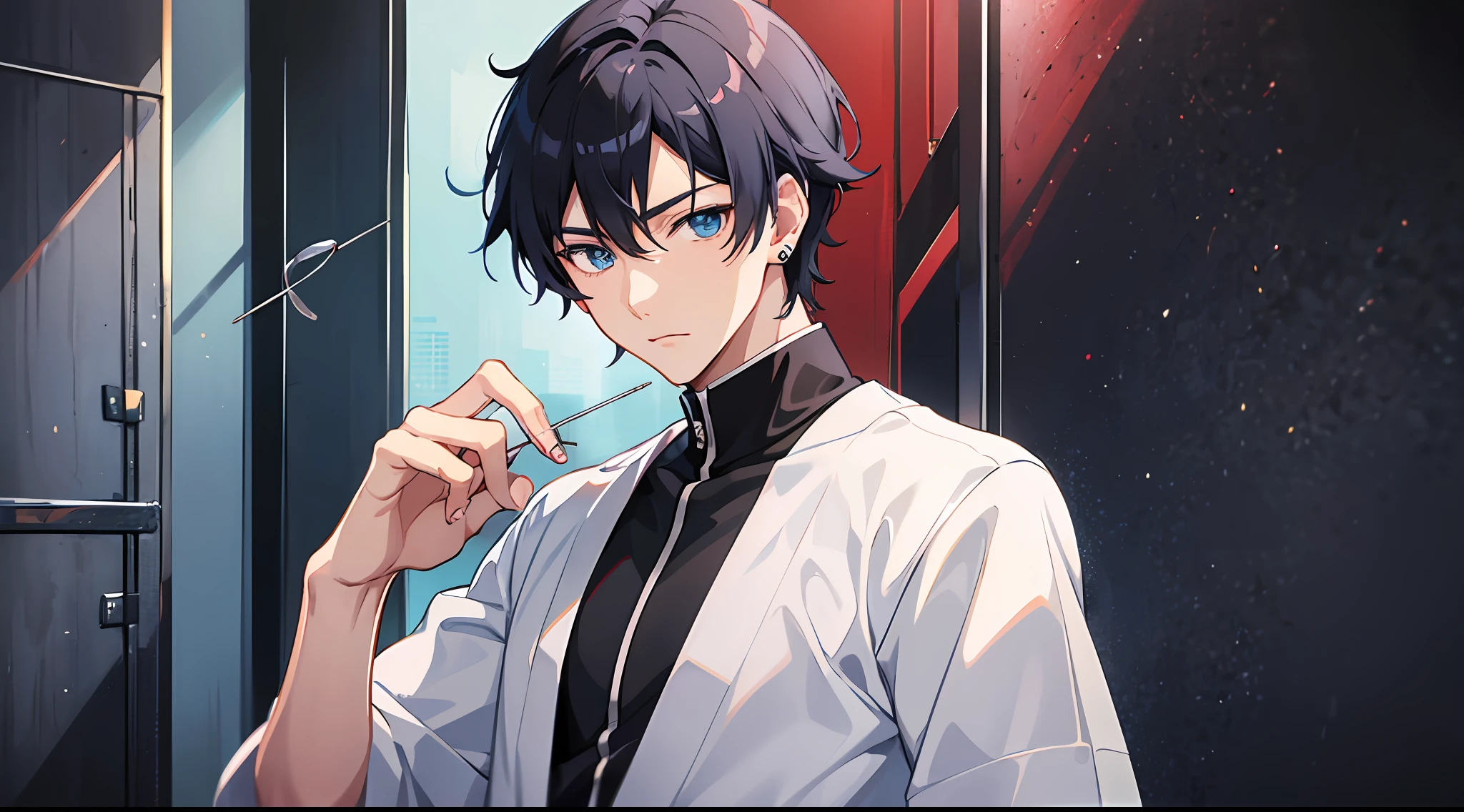 Anime characters standing in white t-shirts standing in villas, tall anime people with blue eyes, young anime people, anime handsome men, anime portraits of handsome men, anime moe art style, male anime style, inspired by Masanobu Okumura, male anime characters, anime boys, high quality anime art style, handsome anime poses, smooth anime CG art, short black hair, black stud earrings, holding a set of silver needles for acupuncture in his hand