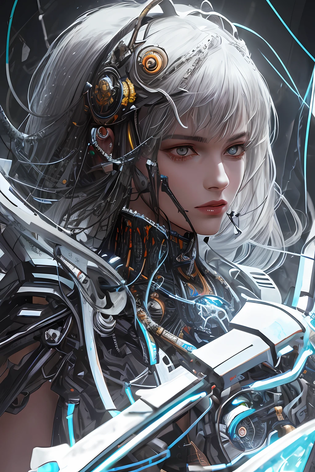 1mechanical girl,((ultra realistic details)), portrait, global illumination, shadows, octane render, 8k, ultra sharp,metal,intricate, ornaments detailed, cold colors, egypician detail, highly intricate details, realistic light, trending on cgsociety, glowing eyes, facing camera, neon details, machanical limbs,blood vessels connected to tubes,mechanical vertebra attaching to back,mechanical cervial attaching to neck,sitting,wires and cables connecting to head