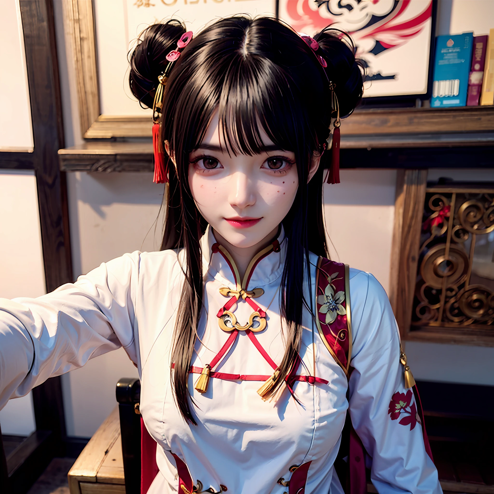 Delicate face girl, pink hair, charming eyes, two freckles on her face, wearing a Chinese style cheongsam, 8k,