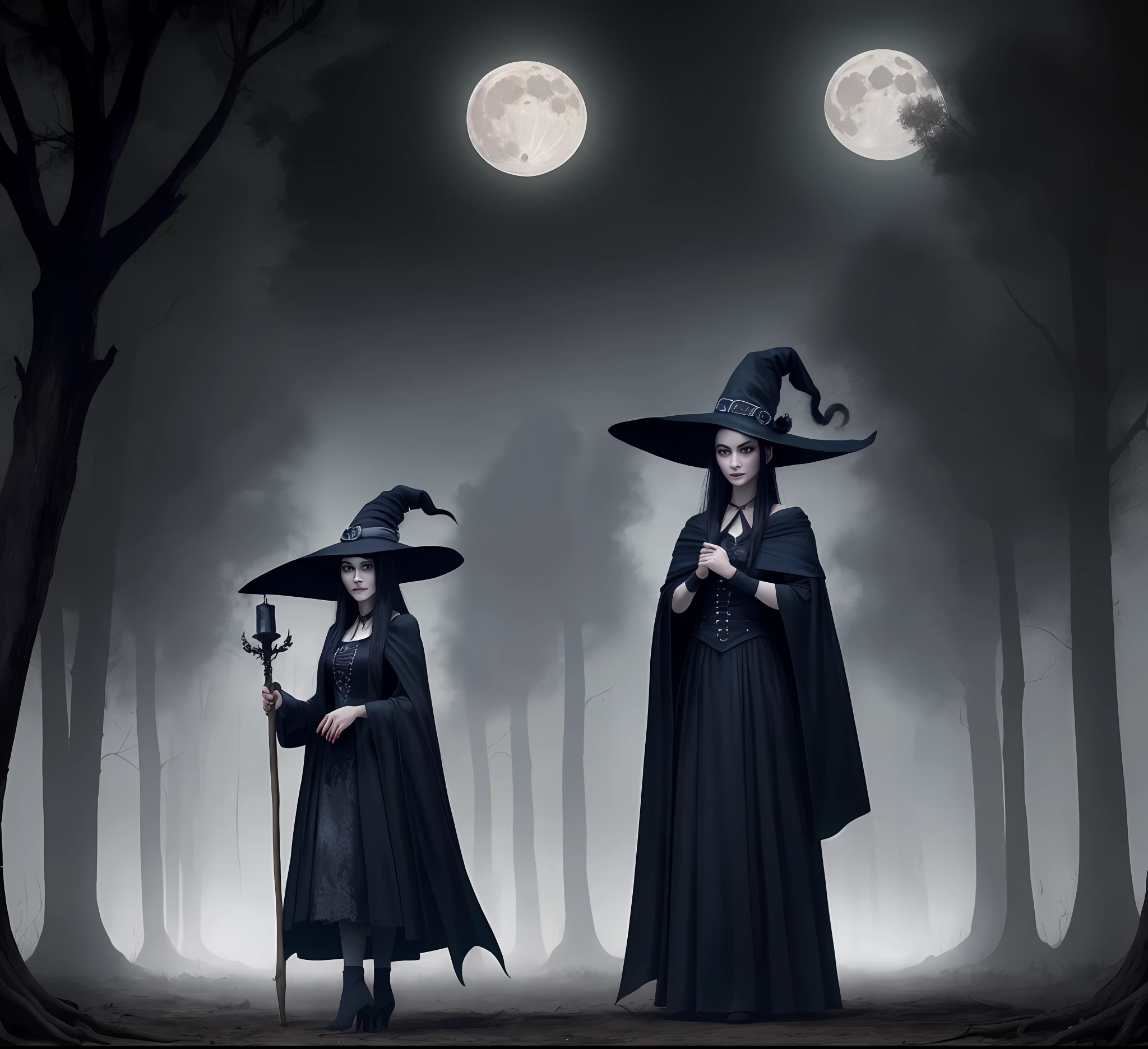 Describe an image of a realistic witch in a haunted setting in the light of the full moon. The witch has long dark hair, a black pointed hat, and a flowing cape. She is holding a wooden staff carved with mystical symbols and looks on with piercing eyes. Her skin has a pale tint and she has an enigmatic smile. Around the witch, there are gnarled trees and a sinister mist. In the sky, the moon shines brightly, casting a cold, bluish light over everything. Create a realistic image that captures the dark and mysterious atmosphere of this setting."