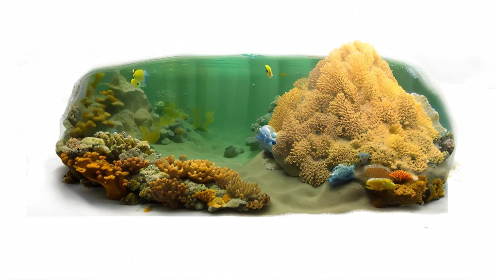 Underwater world, yellow-green tones, sand, yellow coral, shells, yellow crystal ore, fish, fine picture,