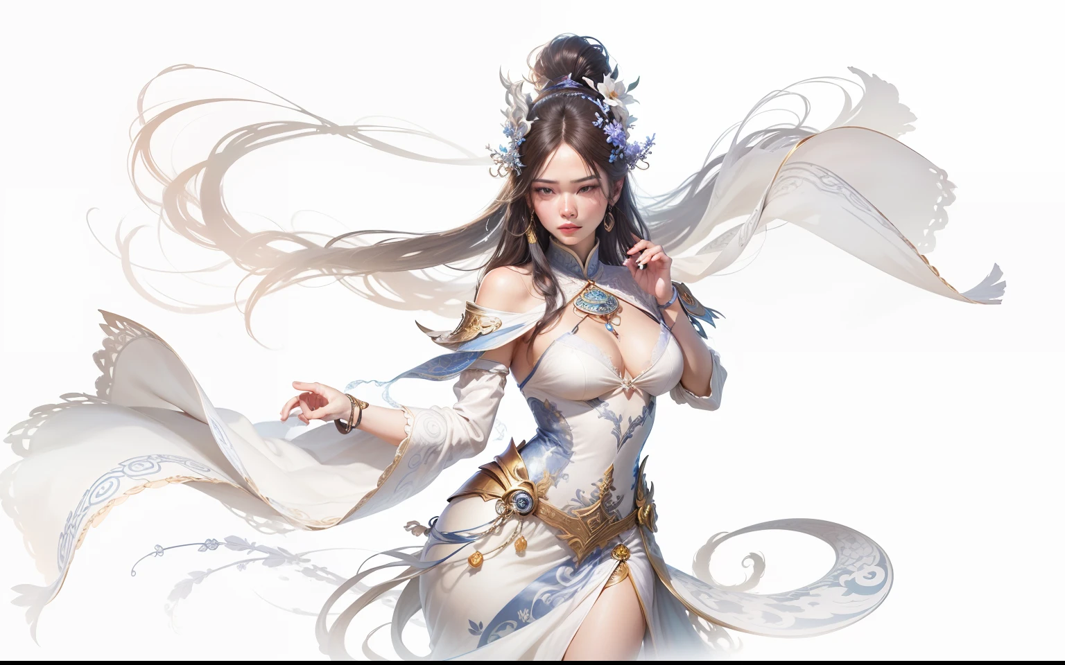 a drawing of a woman in a dress with a fan, concept art inspired by Chen Rong, Artstation, fantasy art, exquisite line art, a beautiful artwork illustration, goddess. extremely high detail, ancient chinese goddess, high quality sketch art, a beautiful fantasy empress, spirit fantasy concept art, feng zhu concept art, flowing hair and long robes --auto