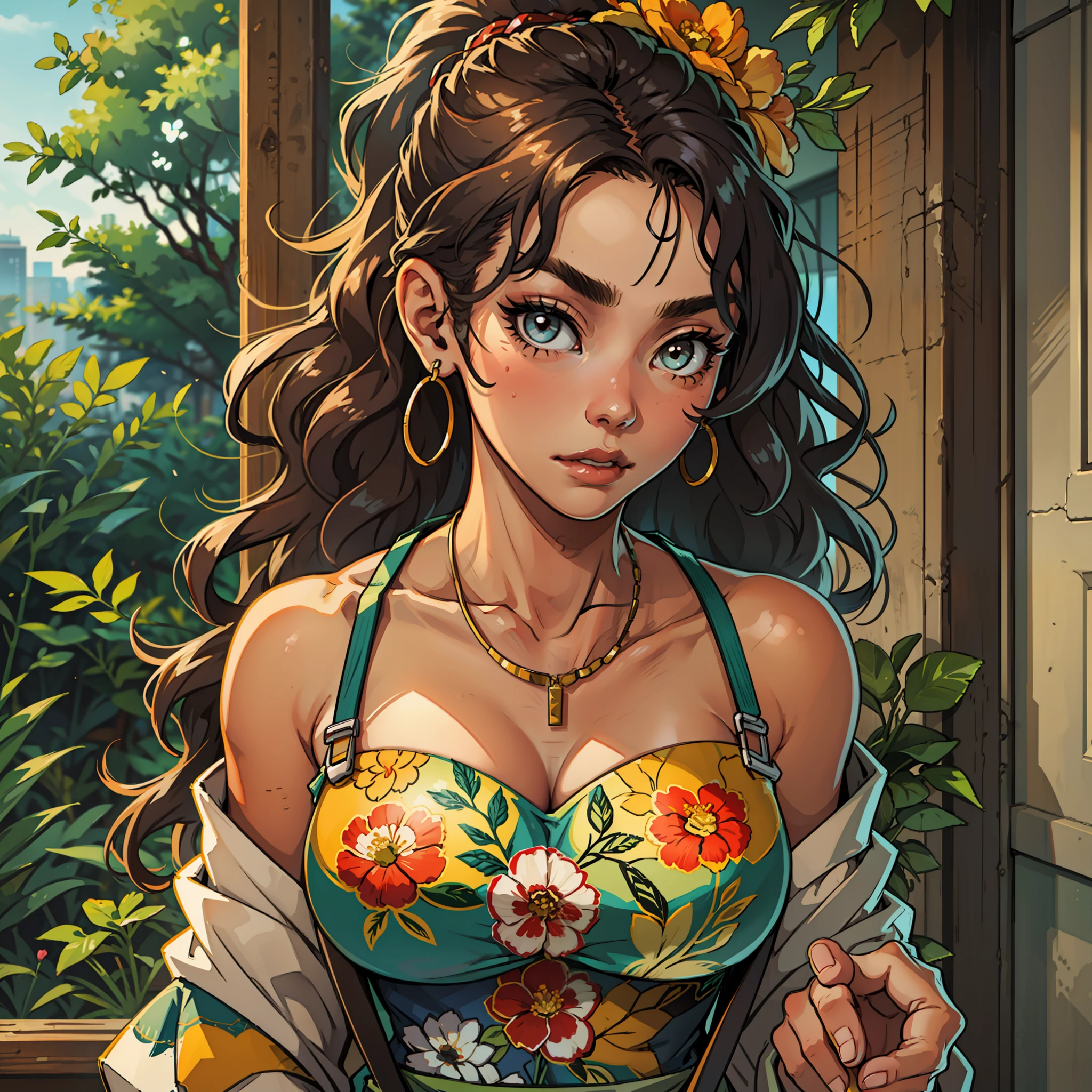 (masterpiece, best quality), African girl, 1girl, collarbone, wavy hair, looking at viewer, blurry, upper body, necklace, suspenders, floral print, ponytail, sunlight,
