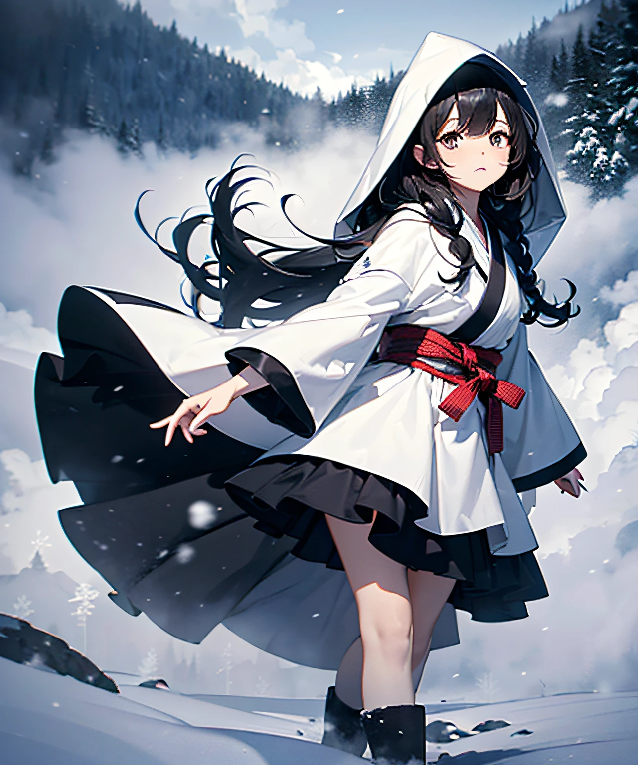 Masterpieces, (Illusion: 1.5), Ghost of a Beautiful Woman, White Costume, ((Death Costume)), (Sutra Mail), (Triangular Hood on the Forehead), (Kimono)), Monochrome, (Snowy Forest), (Dream: 1.5), Scary Dream, ((Dense Fog: 1.8)), ((Fog so thick that it is difficult to see)), Dry Ice, (((Coming out of dense fog: 1.8))), ((Image born from thick fog: 1.8)))), (Fog Dissipation: 1.5), ( Snow Storm: 1.5), In the Deep Forest, (Snow Falling: 1.5), (Anger), (Sad), (Melancholy), Beautiful Snow Woman, Beautiful and Beautiful, (Sea of Clouds)), ((Above the Clouds)), Night, (Pitch Black Darkness), (Snow Reflection Light), Black Hair Long, Hair Gloss, Snowflake, Snowflake Hair Ornament, Snow Mountain, Full Body, Black Hair Flying in the Wind, ((((Cloudy)))), Jet Black, (White Sigh: 1.5), Sigh becomes a Snowstorm, Foot, ( Snow smoke hides your feet: 1.5), snow smoke, (sigh: 1.5), 18 years old
