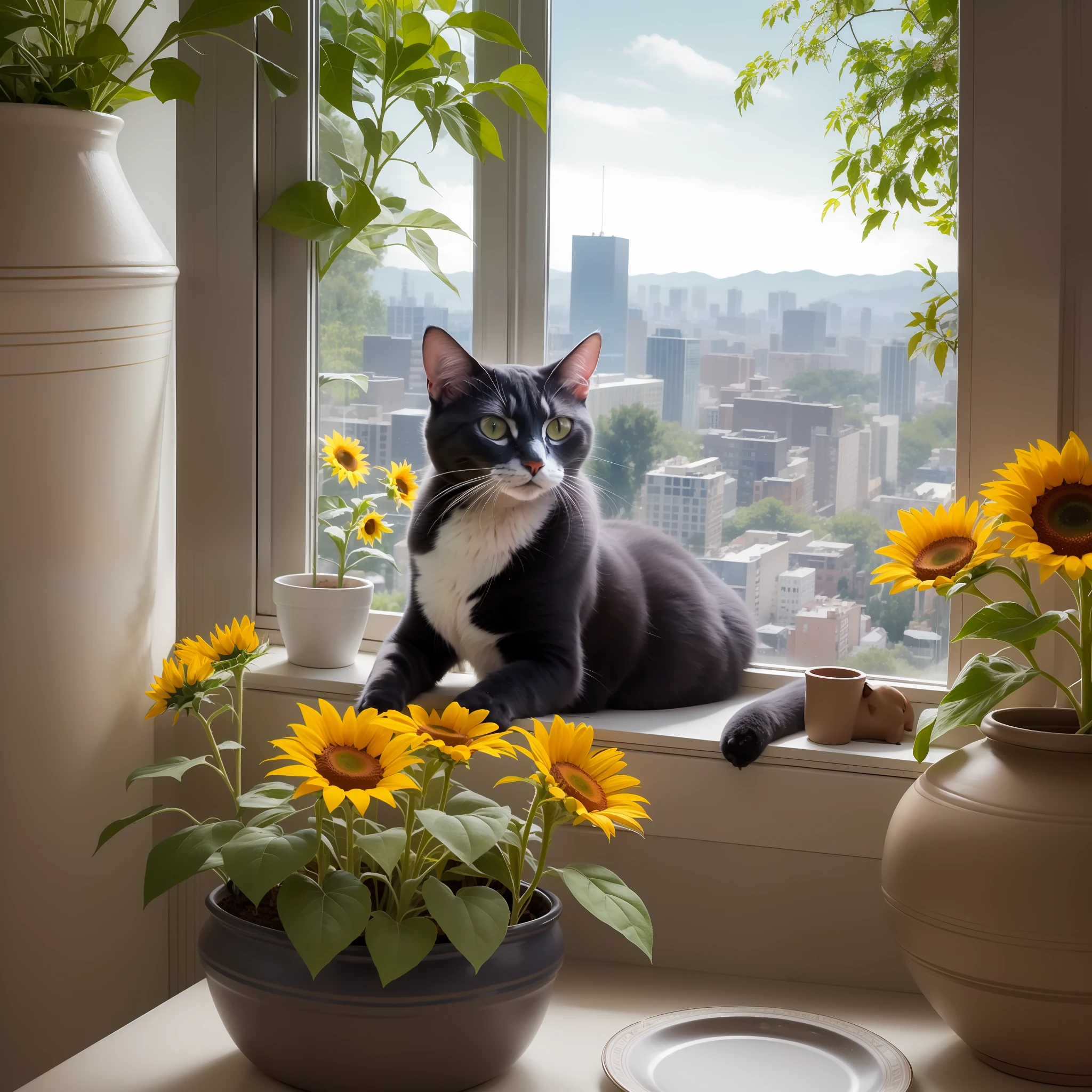 Cat lying on the windowsill of a skyscraper, next to a ((pot with a sunflower and a plate with candy)) . ((Spectacular views.)) Digital painting, artstation, concept art, soft focus, sharp, illustration.