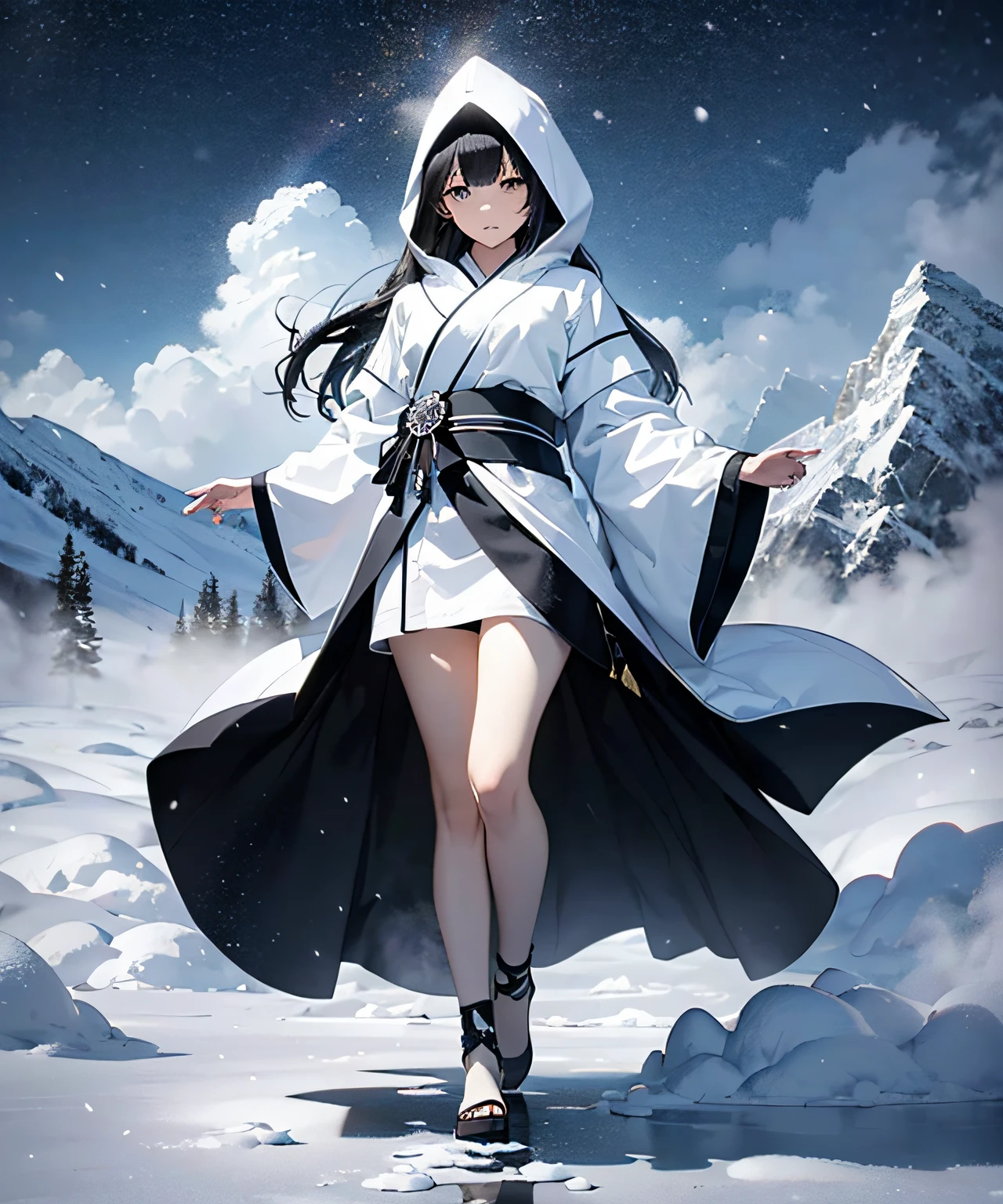 Masterpieces, (Illusion: 1.5), Ghost of a Beautiful Woman, White Costume, ((Death Costume)), (Sutra Mail), (Triangular Hood on the Forehead), (Kimono)), Monochrome, (Snowy Forest), (Dream: 1.5), Scary Dream, ((Dense Fog: 1.8)), ((Fog so thick that it is difficult to see)), Dry Ice, (((Coming out of dense fog: 1.8))), ((Image born from thick fog: 1.8)))), (Fog Dissipation: 1.5), ( Snow Storm: 1.5), In the Deep Forest, (Snow Falling: 1.5), (Anger), (Sad), (Melancholy), Beautiful Snow Woman, Beautiful and Beautiful, (Sea of Clouds)), ((Above the Clouds)), Night, (Pitch Black Darkness), (Snow Reflection Light), Black Hair Long, Hair Gloss, Snowflake, Snowflake Hair Ornament, Snow Mountain, Full Body, Black Hair Flying in the Wind, ((((Cloudy)))), Jet Black, (White Sigh: 1.5), Sigh becomes a Snowstorm, Foot, ( Snow smoke hides your feet: 1.5), snow smoke, (sigh: 1.5), 18 years old