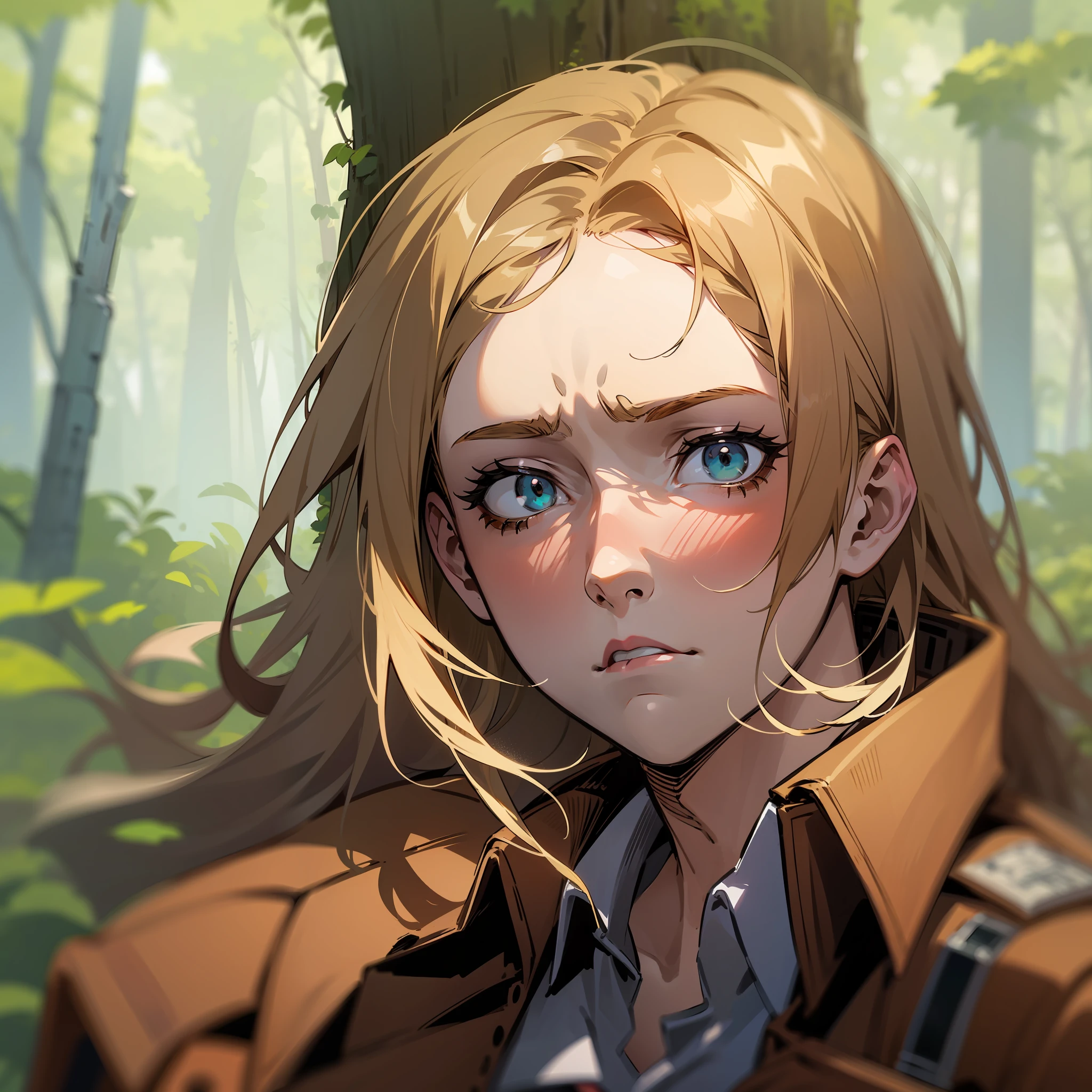 "Long-haired, blond-haired boy (wearing Shingeki's brown uniform:1.2), (brown jacket, in a forest, nervous expression, looking at the viewer, 4k, masterpiece)"