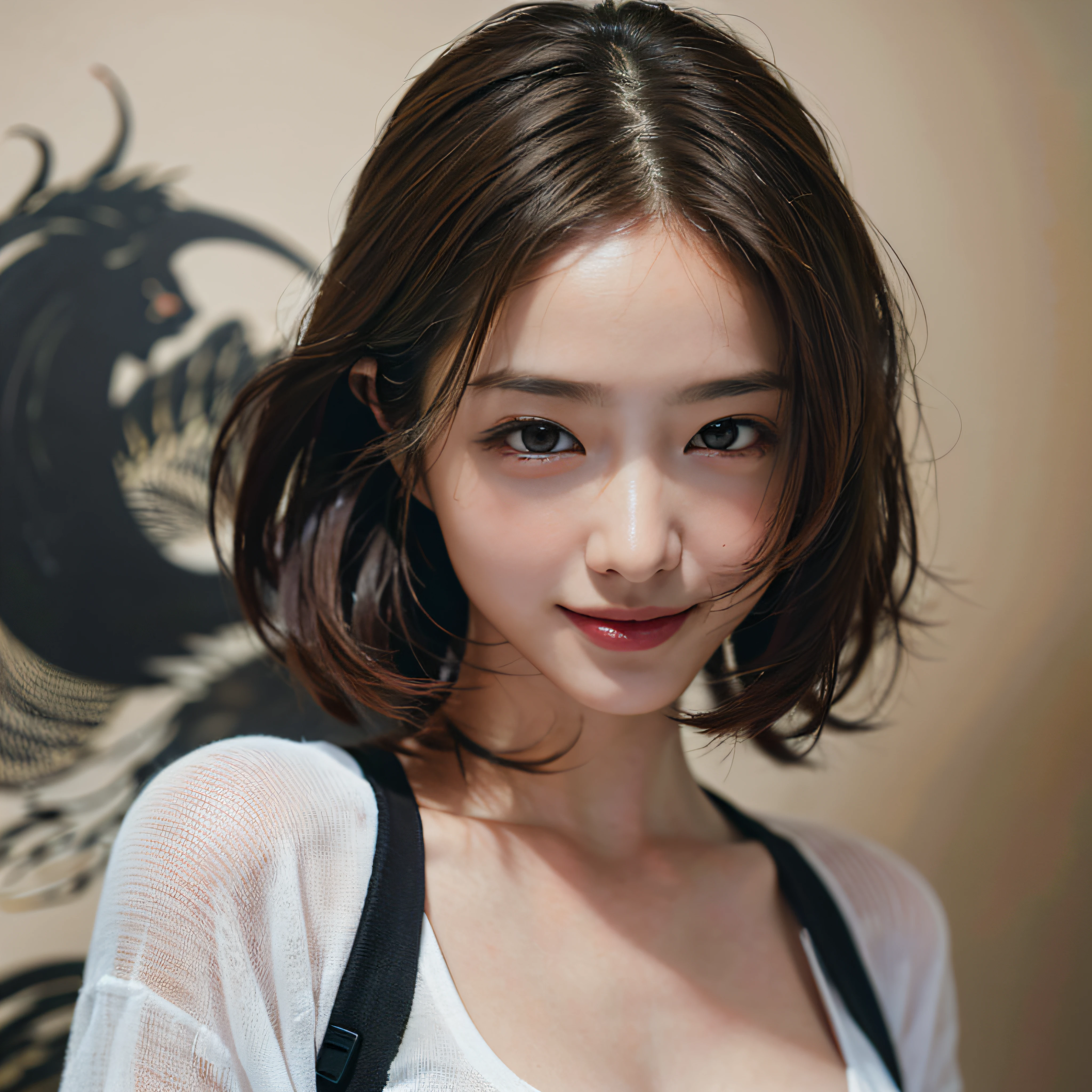 (8k, RAW photo, top quality, masterpiece: 1.2), (realistic, photorealistic: 1.37), ultra detail, ultra high resolution, one woman, stand out eyes, beholder, C-cup, beautiful detailed face, smile, constriction, (slim waist): 1.3), shirt, full body angle, beautiful detailed skin, skin texture, dragon (ink painting) on the back wall, floating hair, professional lighting,