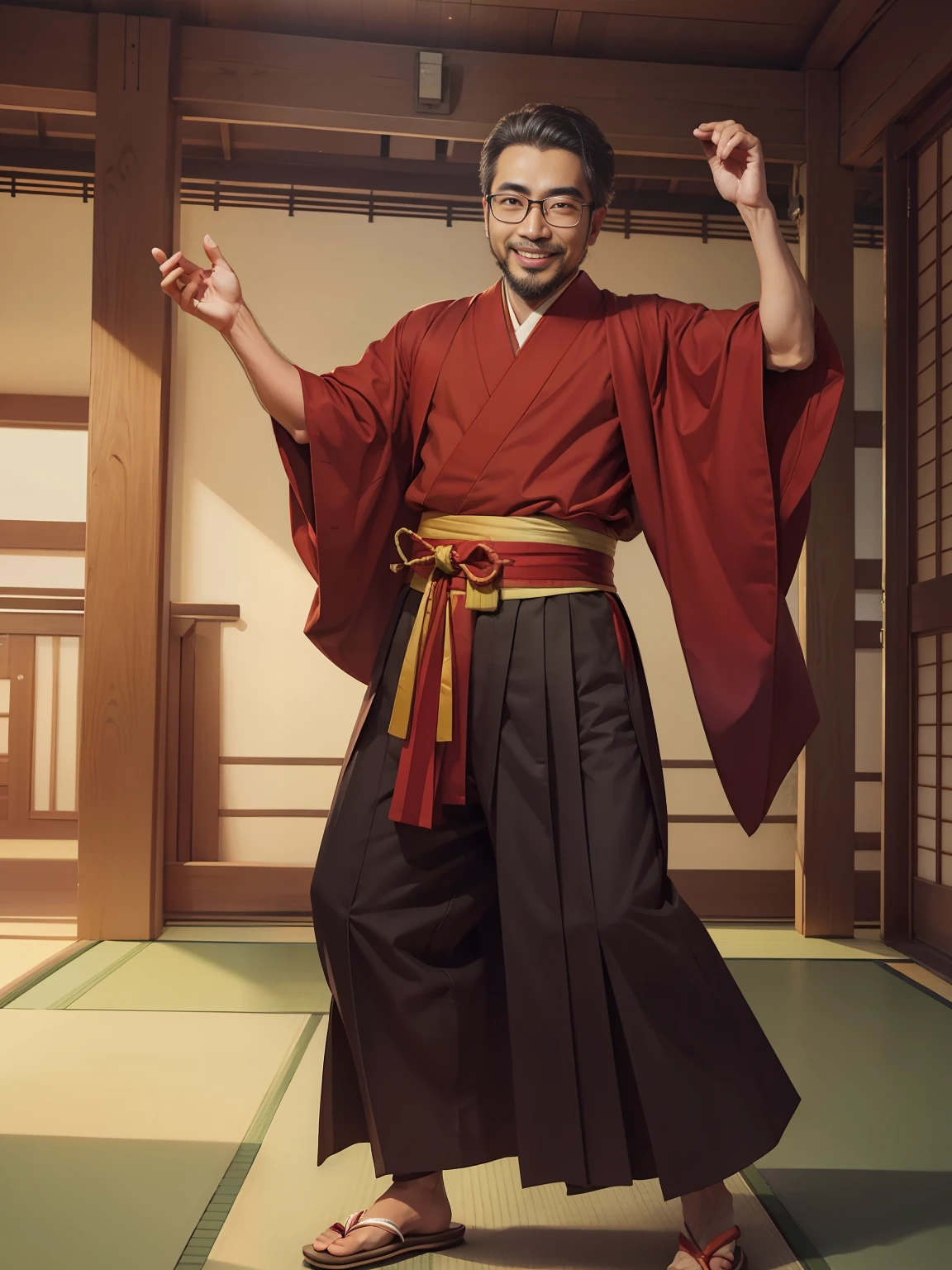 Man with glasses, Tony Tani, dancing in Japanese clothes, bearded, smiling